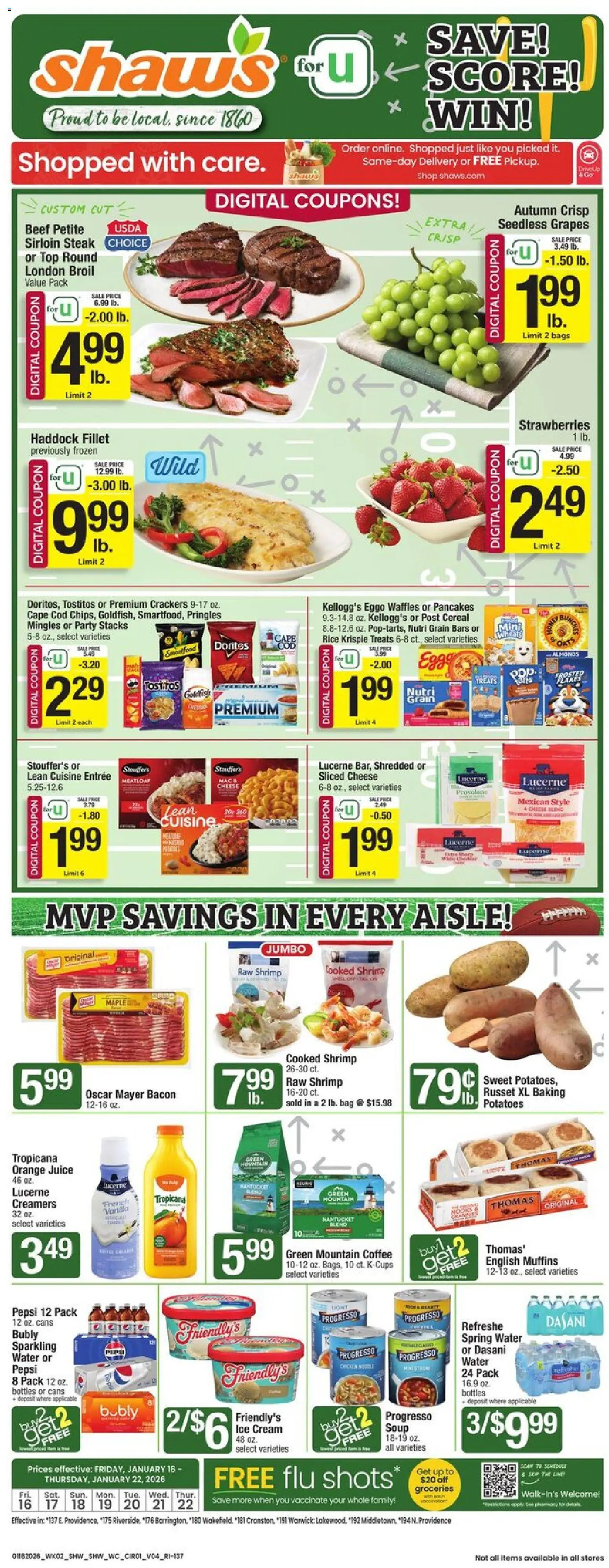 Shaw's Weekly Ad - RI - valid from 16.01.2026 | Page: 1 | Products: Cheese, Juice, Strawberries, Potatoes