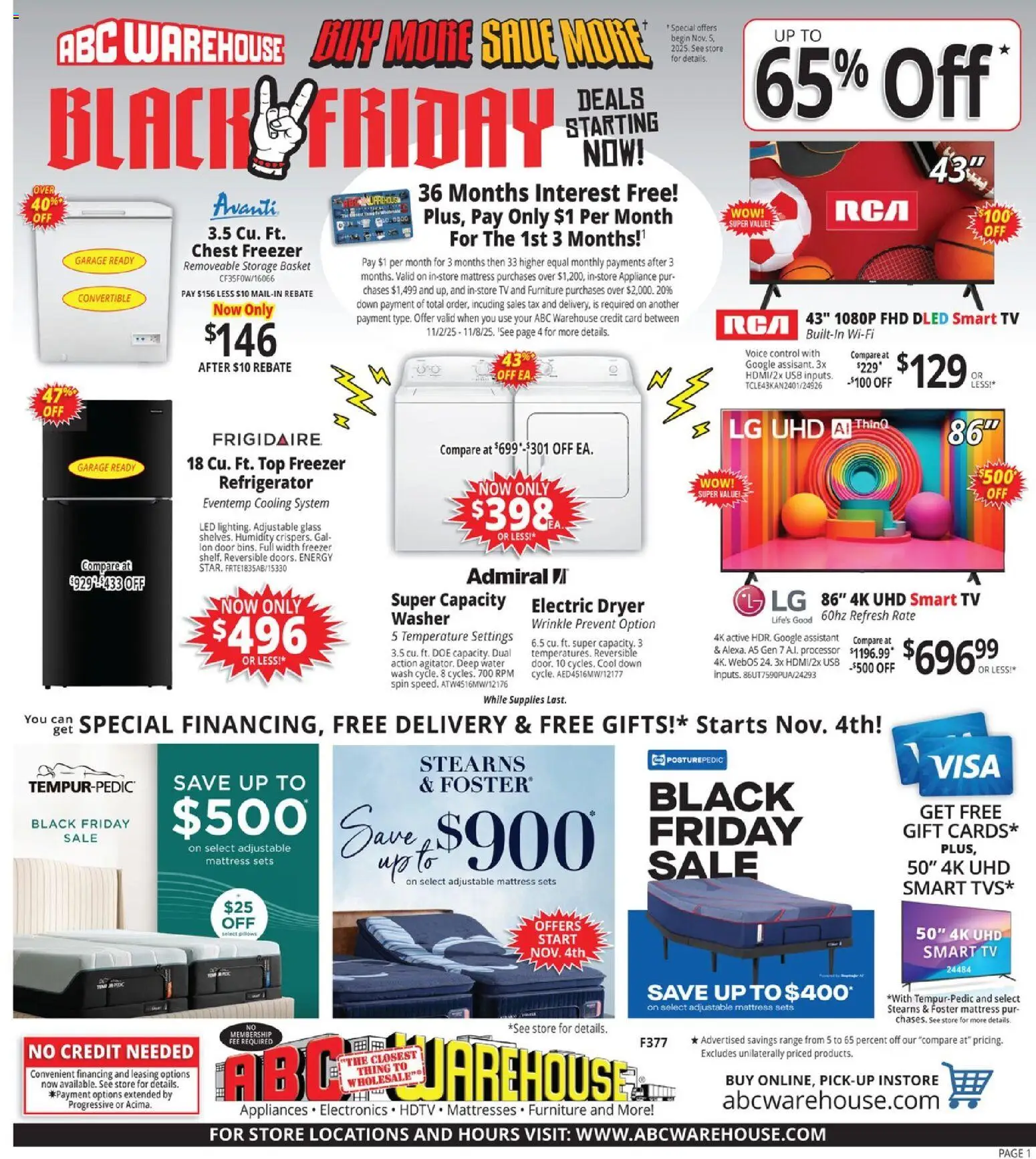ABC Warehouse Black Friday - valid from 02.11.2025 | Page: 1 | Products: Mattress, Tv, Washer, Dryer