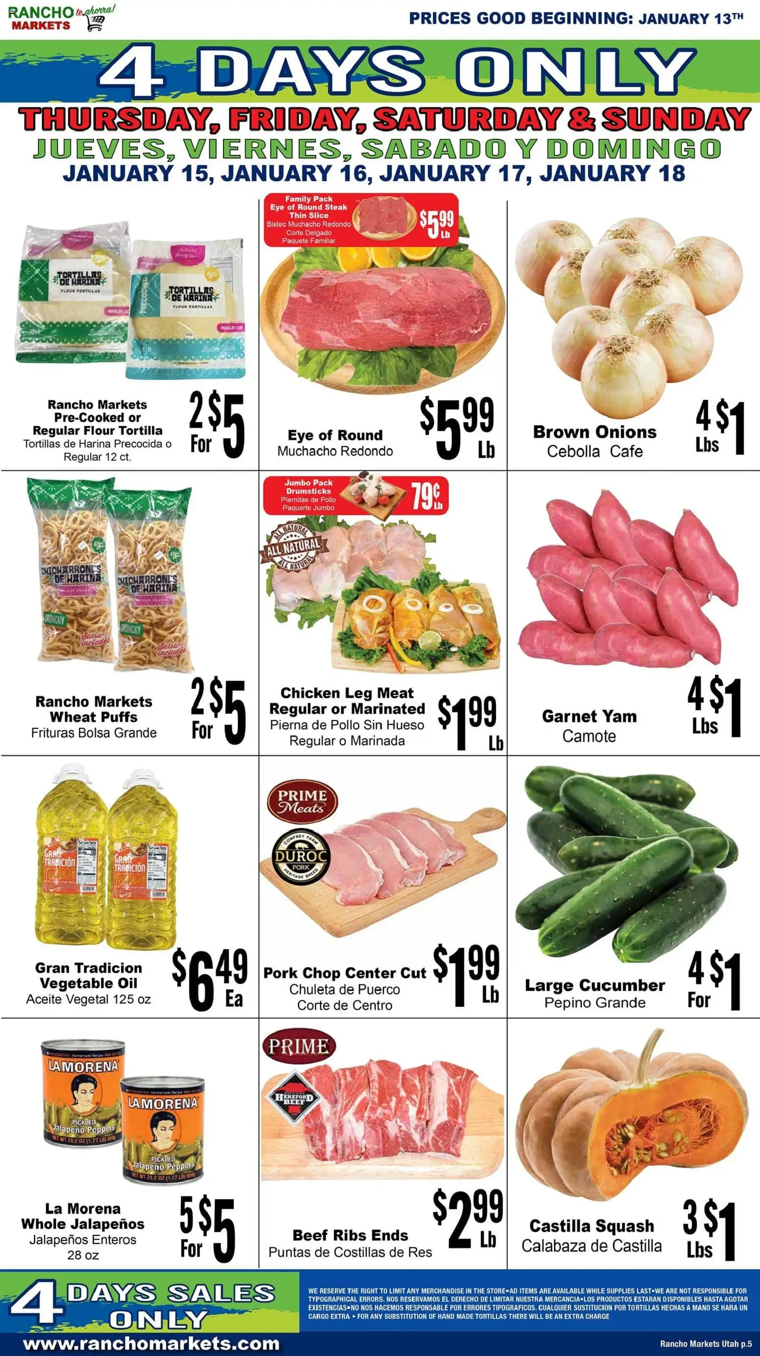 Rancho Markets Weekly Ad - valid from 13.01.2026 | Page: 5 | Products: Peppers, Squash, Jalapeno peppers, Pork