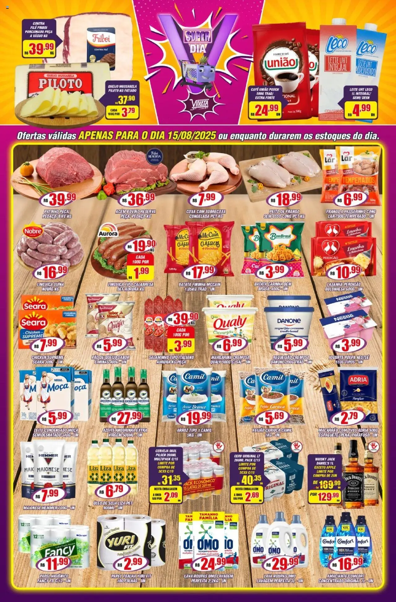 Violeta Supermercados Folheto - válido de 15.08.2025 | Página: 1 | Produtos: Contra filé, Queijo, Pão, Macarrão