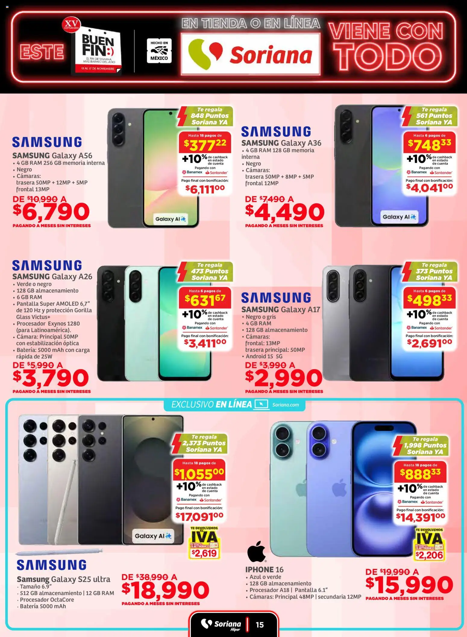 Nuevas ofertas de Soriana válidas en toda la República Mexicana desde el 13.11.2025. ¡Encuentra las mejores ofertas en Soriana Buen Fin ! | Página: 15 | Productos: Cámara, Té, Batería