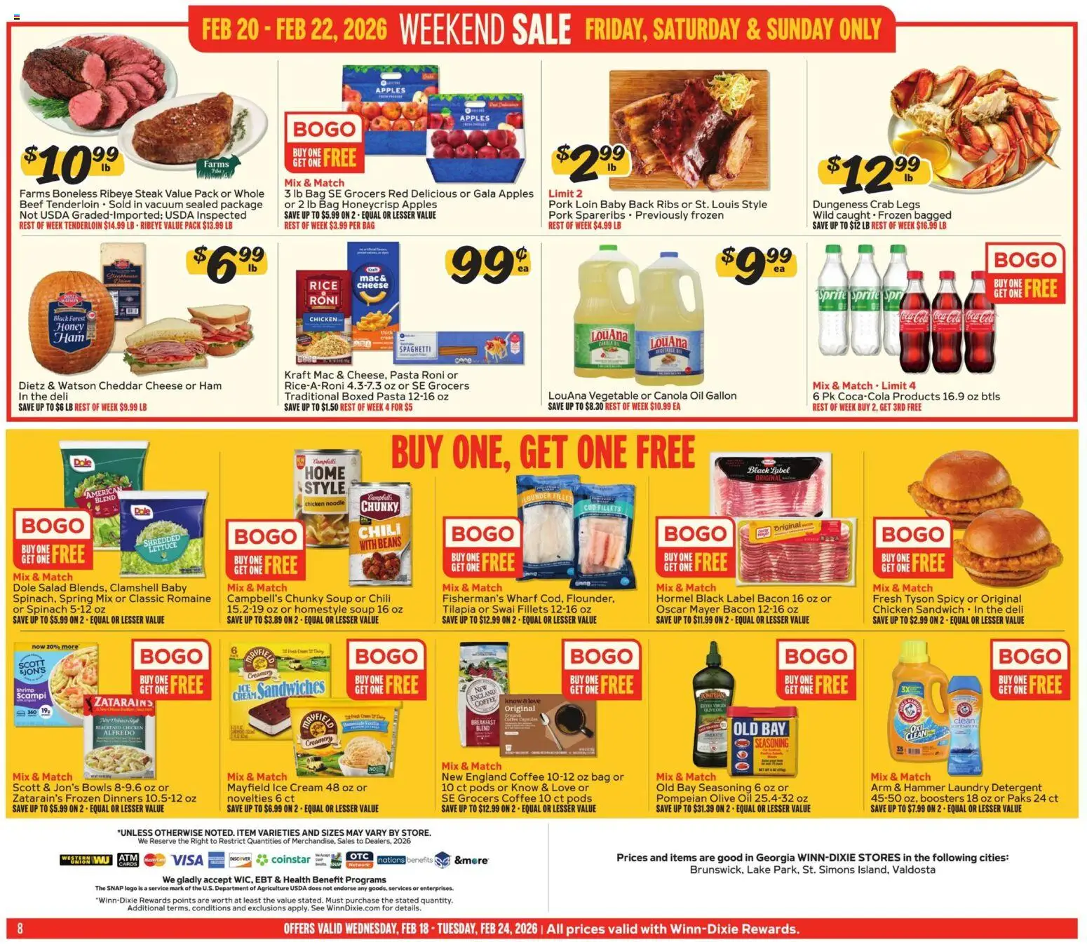 Winn Dixie Weekly Circular - GA - valid from 18.02.2026 | Page: 8 | Products: Spinach, Pork, Ice cream, Salad