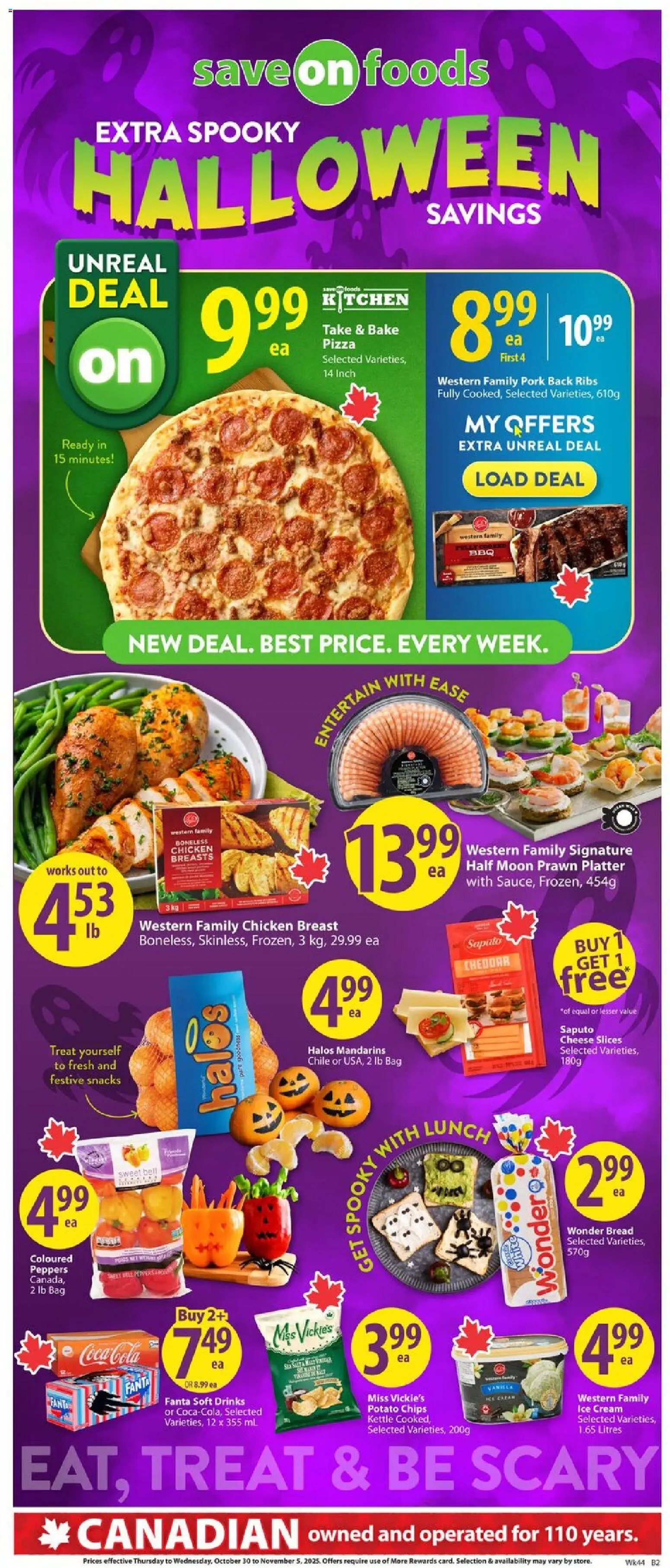 Save on foods flyer valid from 30.10.2025 | Page: 2 | Products: Ice cream, Kettle, Pizza, Chicken