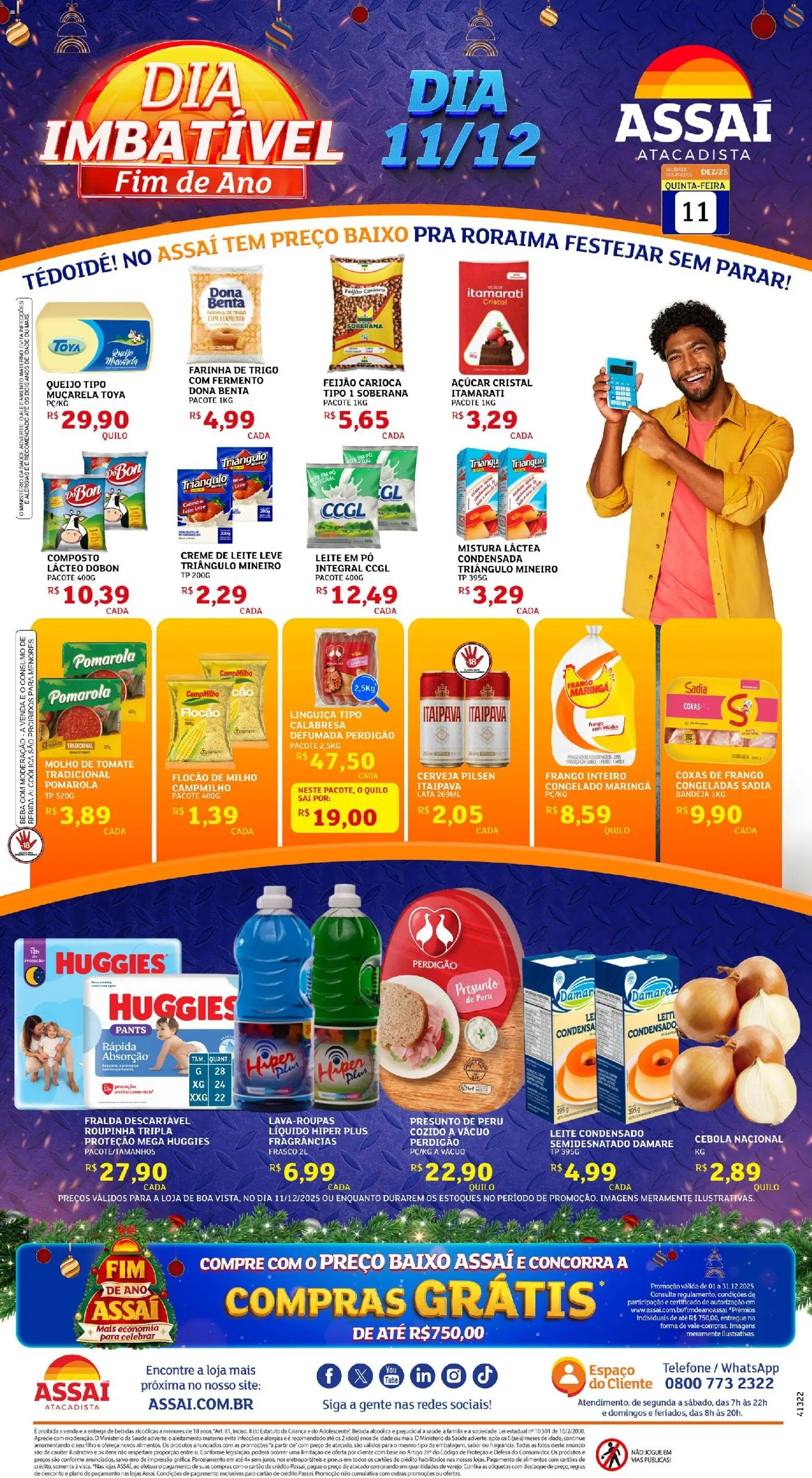Assaí Atacadista Folheto - válido de 11.12.2025 | Página: 1 | Produtos: Feijão, Muçarela, Base, Telefone