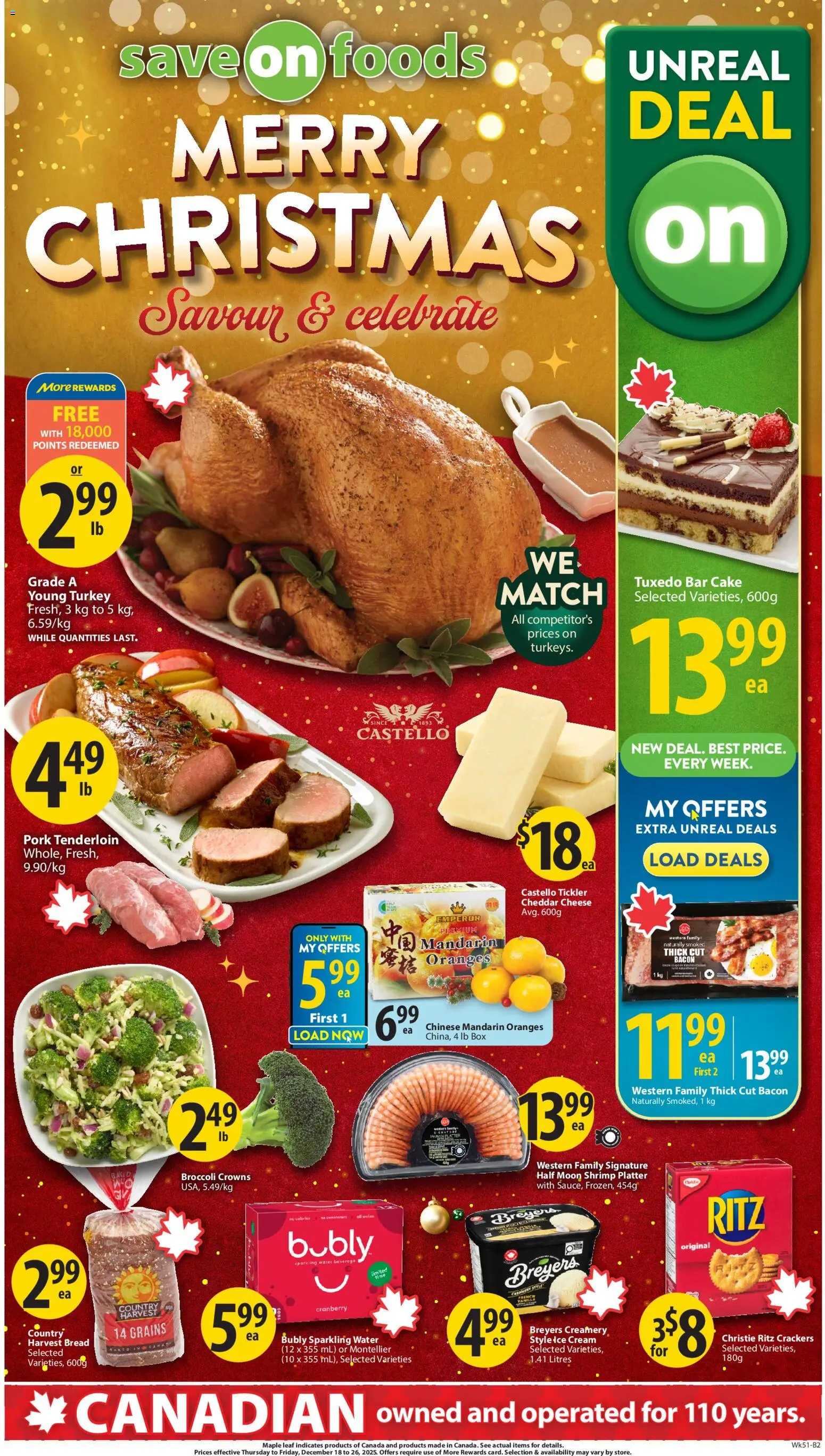 Save on foods flyer valid from 18.12.2025 | Page: 1 | Products: Box, Cheese, Pork, Oranges