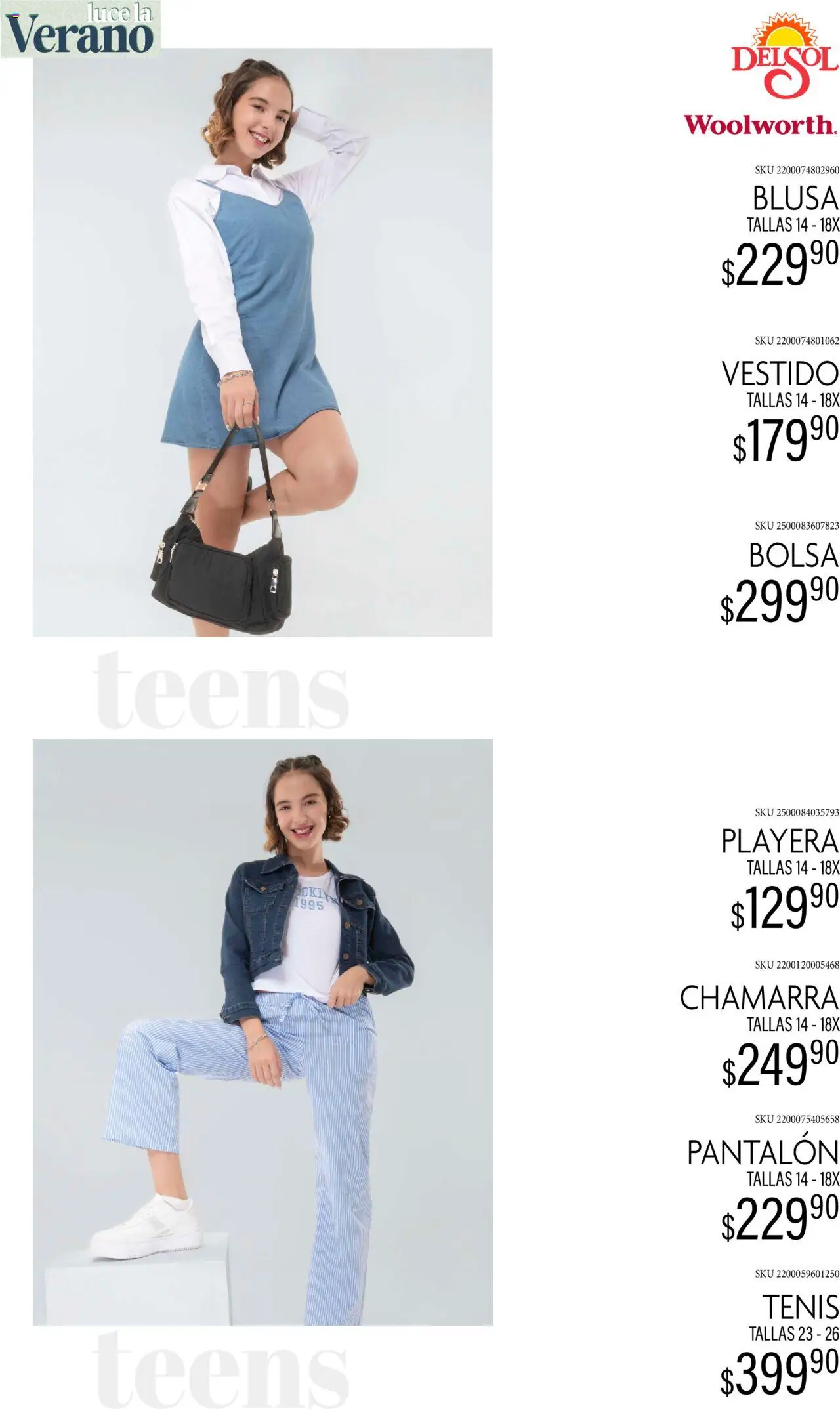 Nuevas ofertas de Del Sol y Woolworth válidas en toda la República Mexicana desde el 24.06.2025. ¡Encuentra las mejores ofertas en Del Sol y Woolworth catálogo Luce El Verano! | Página: 23 | Productos: Blusa, Tenis, Vestido, Playera
