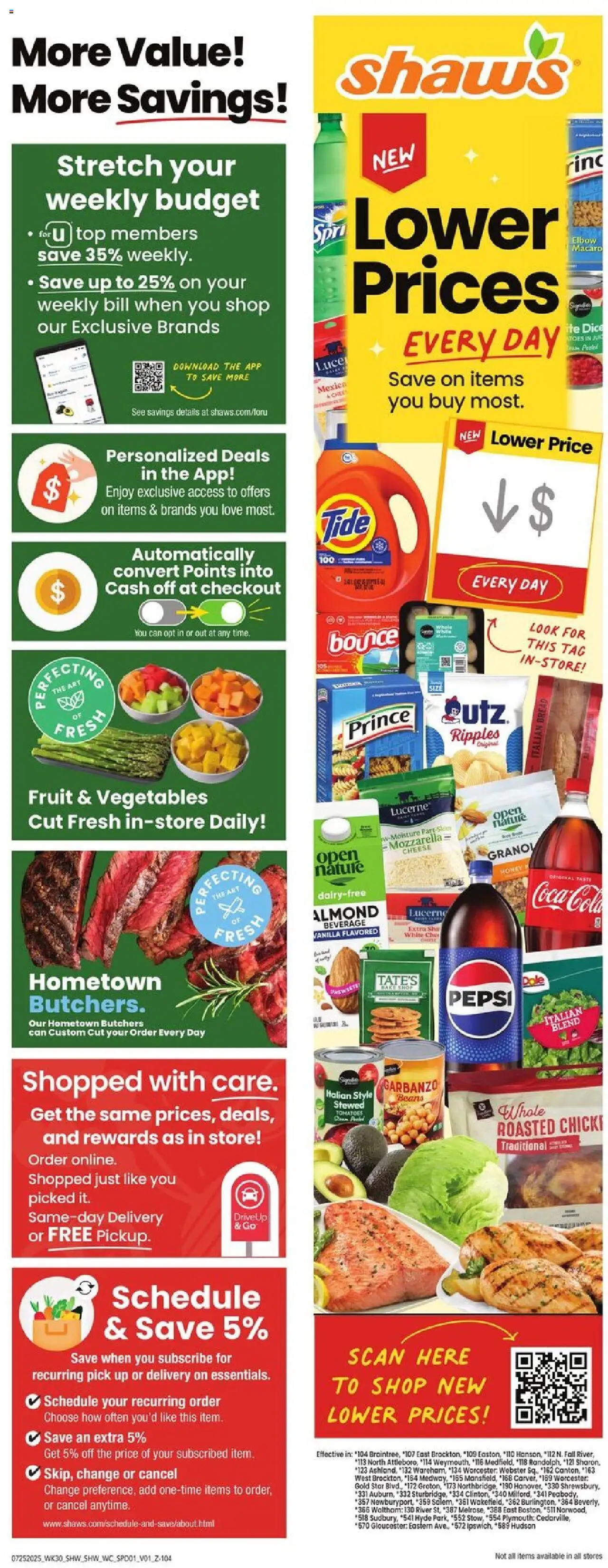 Shaw's Weekly Ad - valid from 25.07.2025 | Page: 1 | Products: Cheese, Bread, Tomatoes, Vegetables