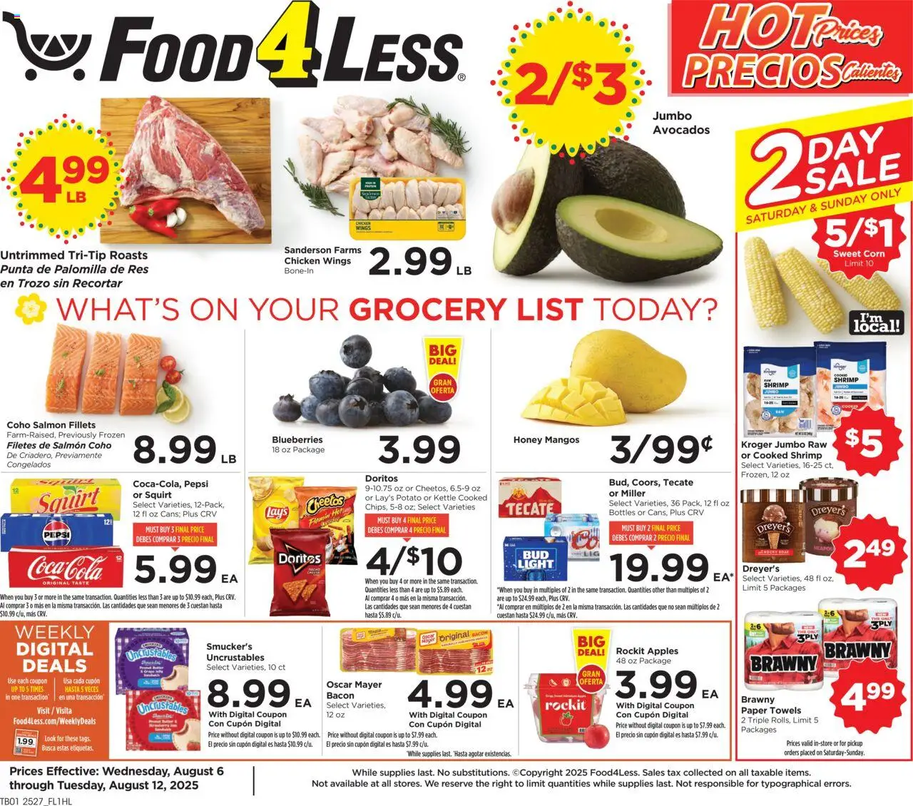 Food 4 Less Weekly Ad - valid from 06.08.2025 | Page: 1 | Products: Corn, Apples, Blueberries, Kettle