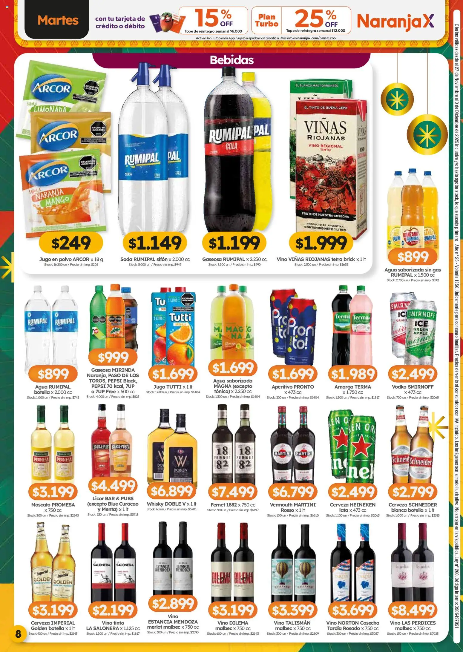 Cordiez ofertas │ válido desde el 27.11.2025 | Página: 8 | Productos: Fernet, Agua, Vino, Cerveza