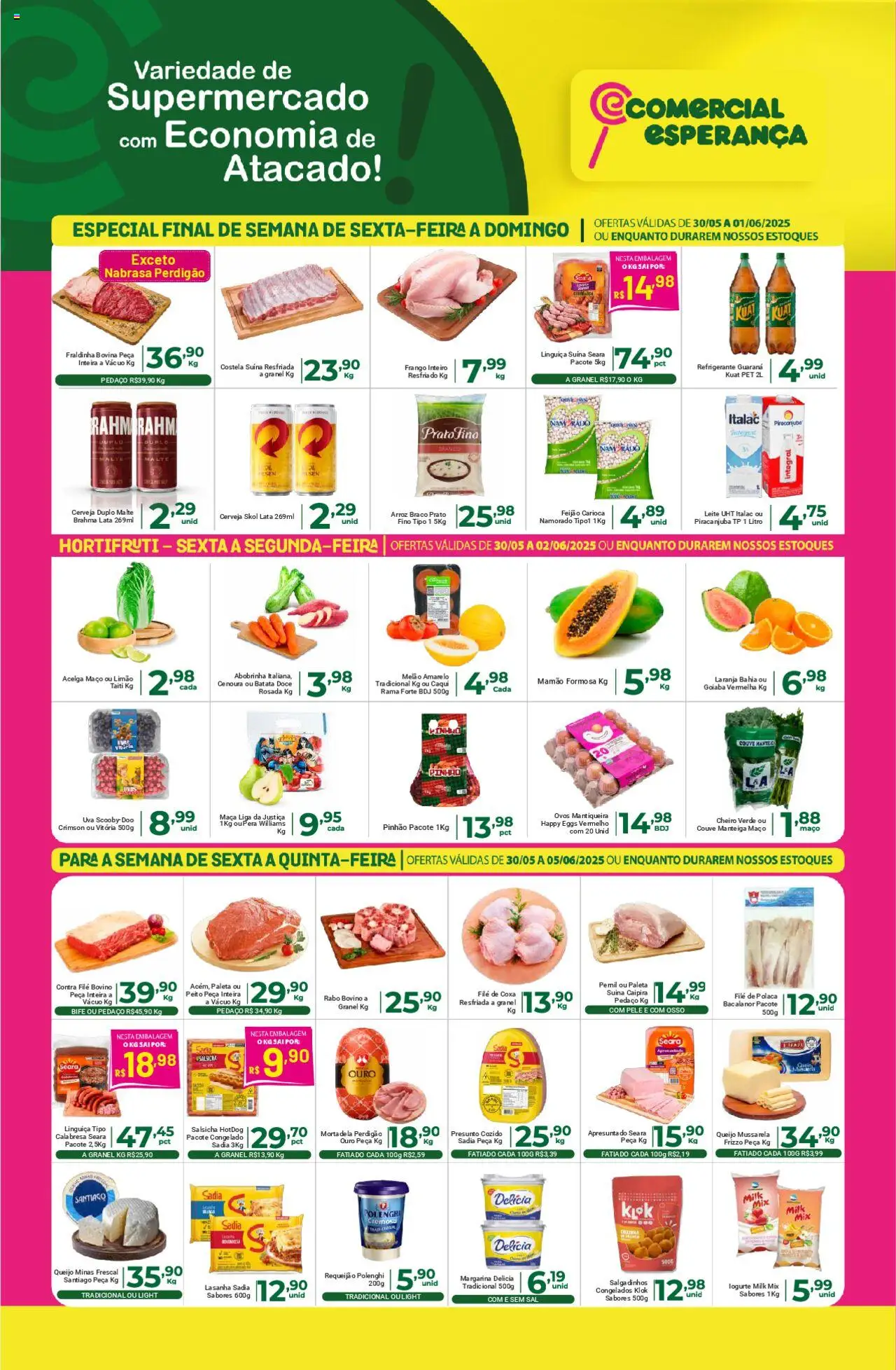 Comercial Esperança Folheto - válido de 30.05.2025 | Página: 1 | Produtos: Salsicha, Contra filé, Cenoura, Margarina