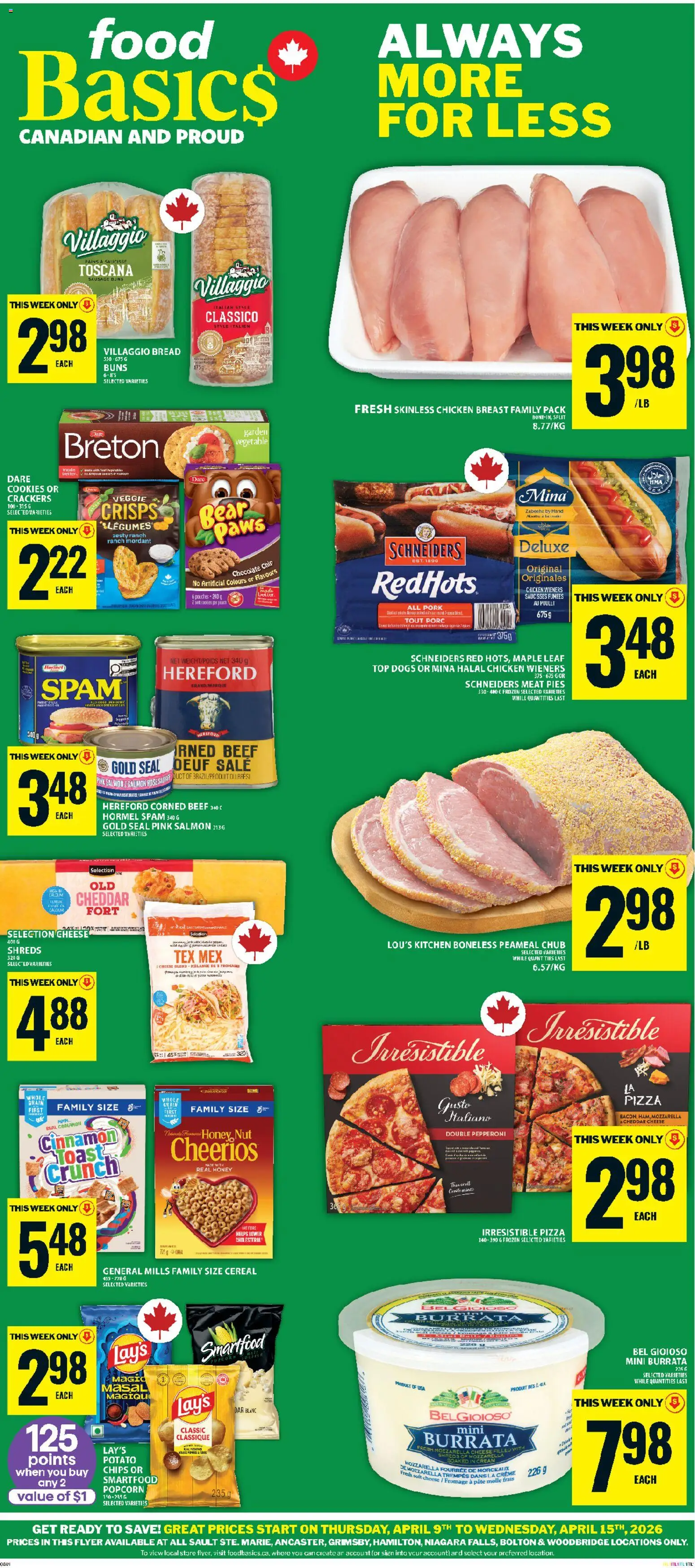 Food Basics flyer valid from 09.04.2026 | Page: 1 | Products: Chips, Cream, Potatoes, Pork