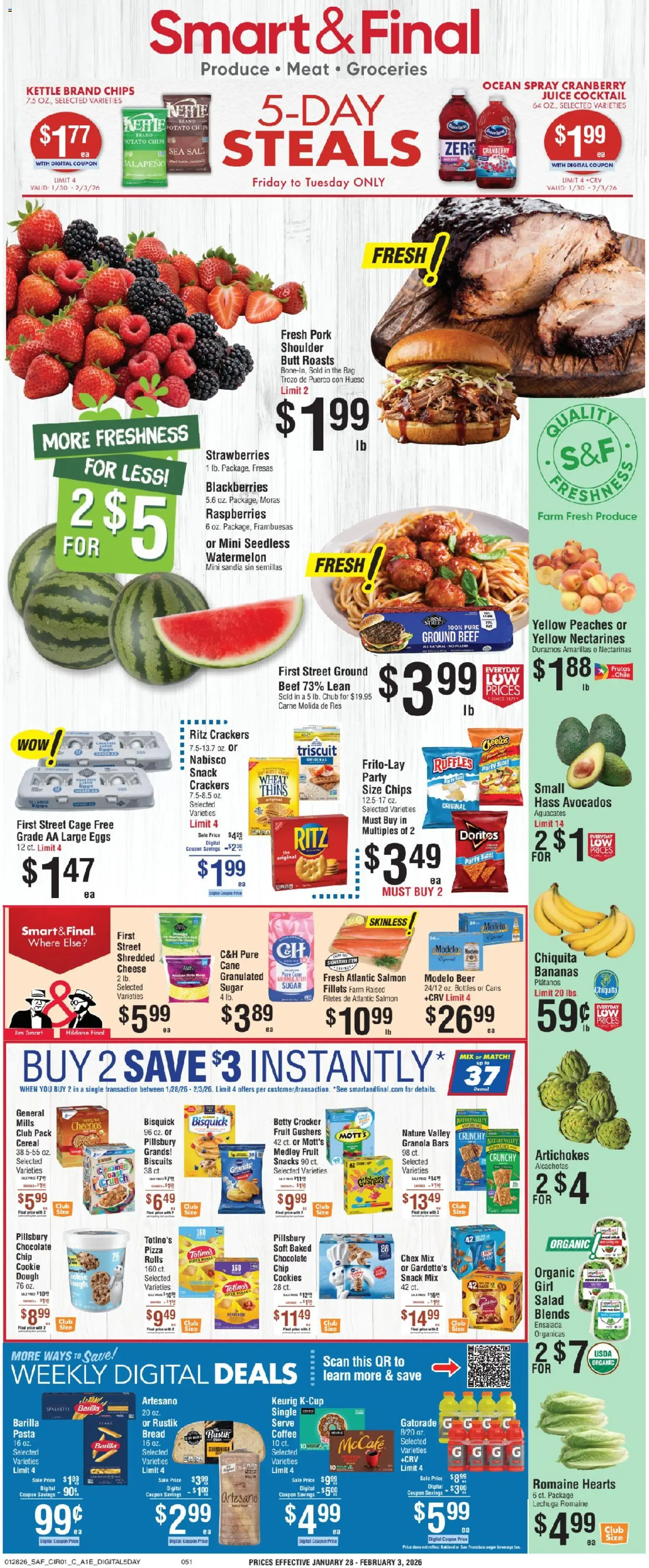 Smart & Final Weekly Ad - valid from 30.01.2026 | Page: 1 | Products: Chocolate, Pizza, Beer, Sugar