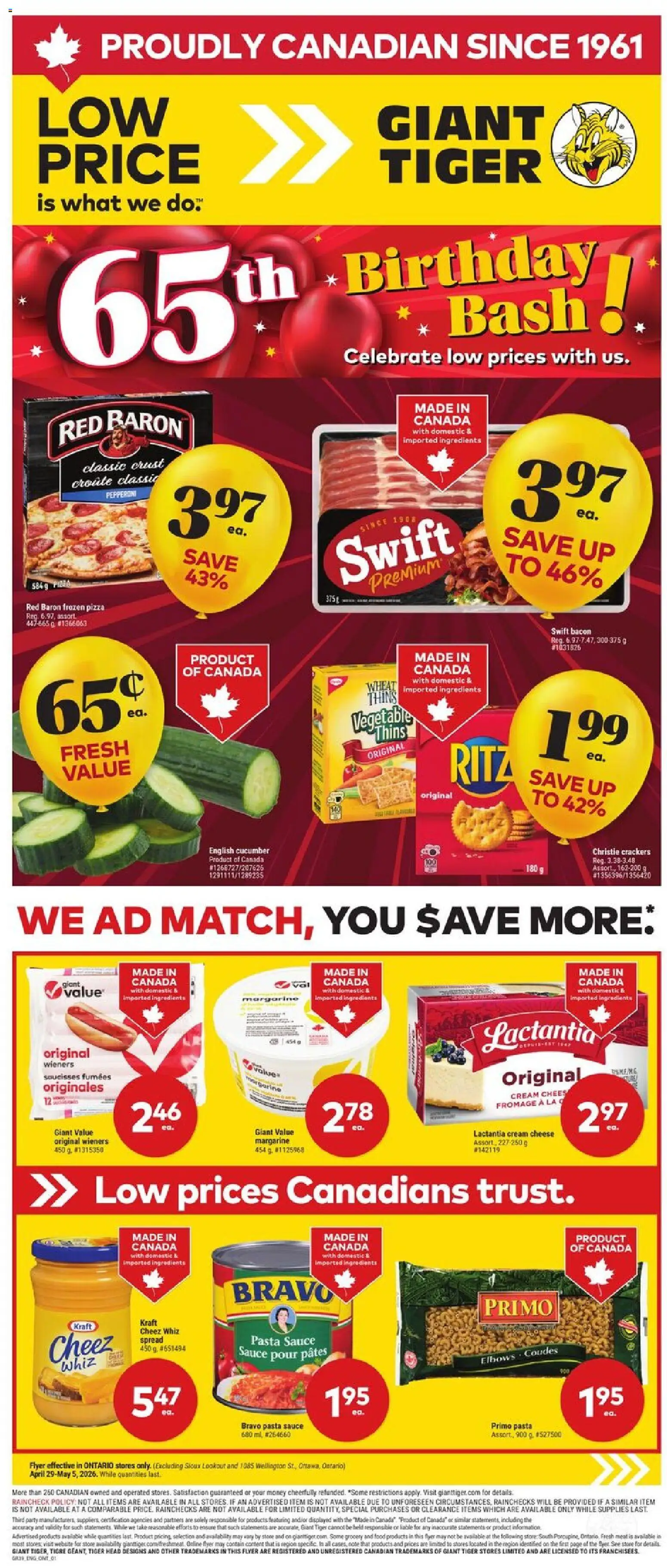 Giant Tiger flyer valid from 29.04.2026 | Page: 1 | Products: Pasta, Cream, Cheese, Pizza