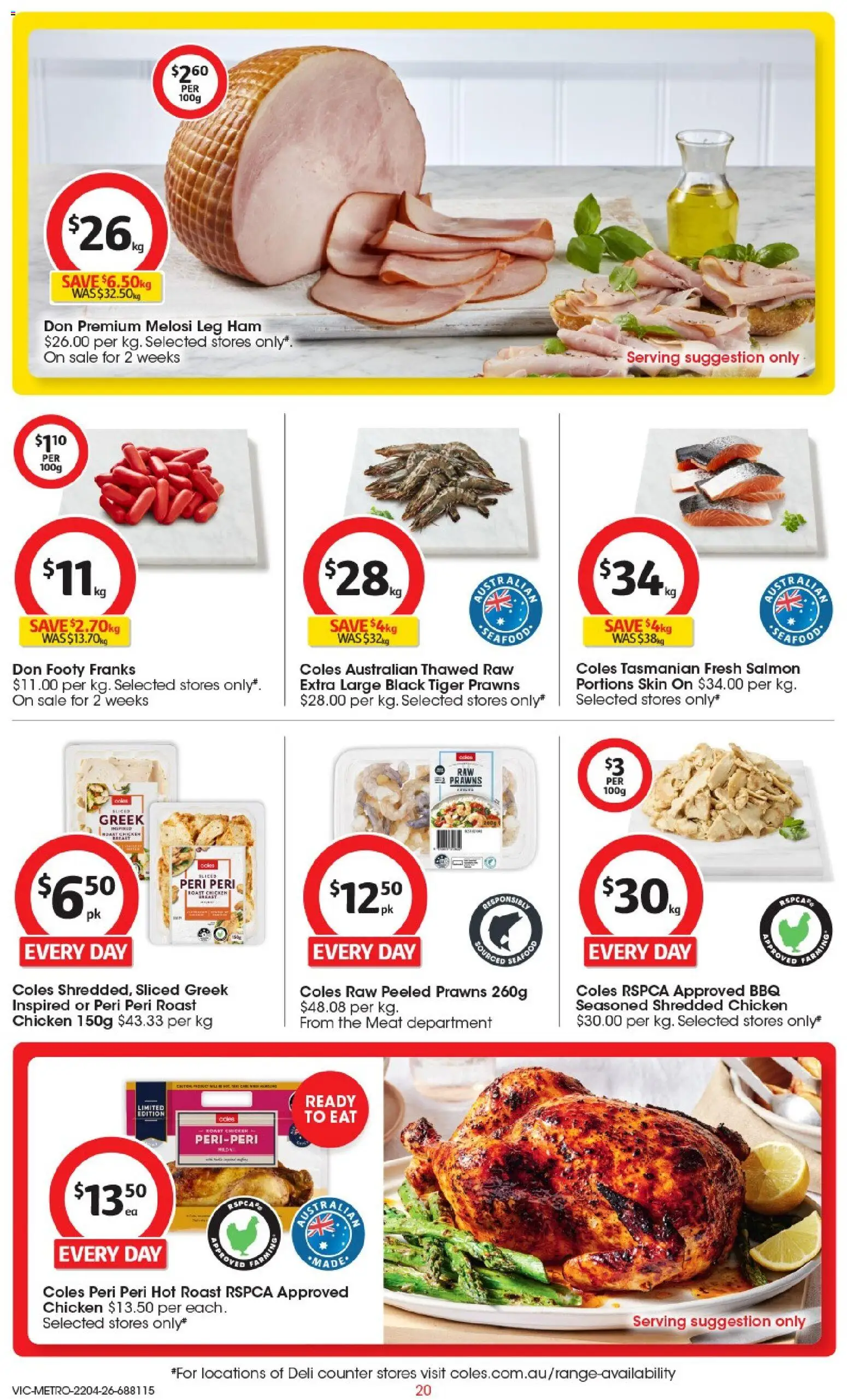 Coles catalogue - valid from 22.04.2026 | Page: 20 | Products: Ham, Chicken, Meat, Prawns