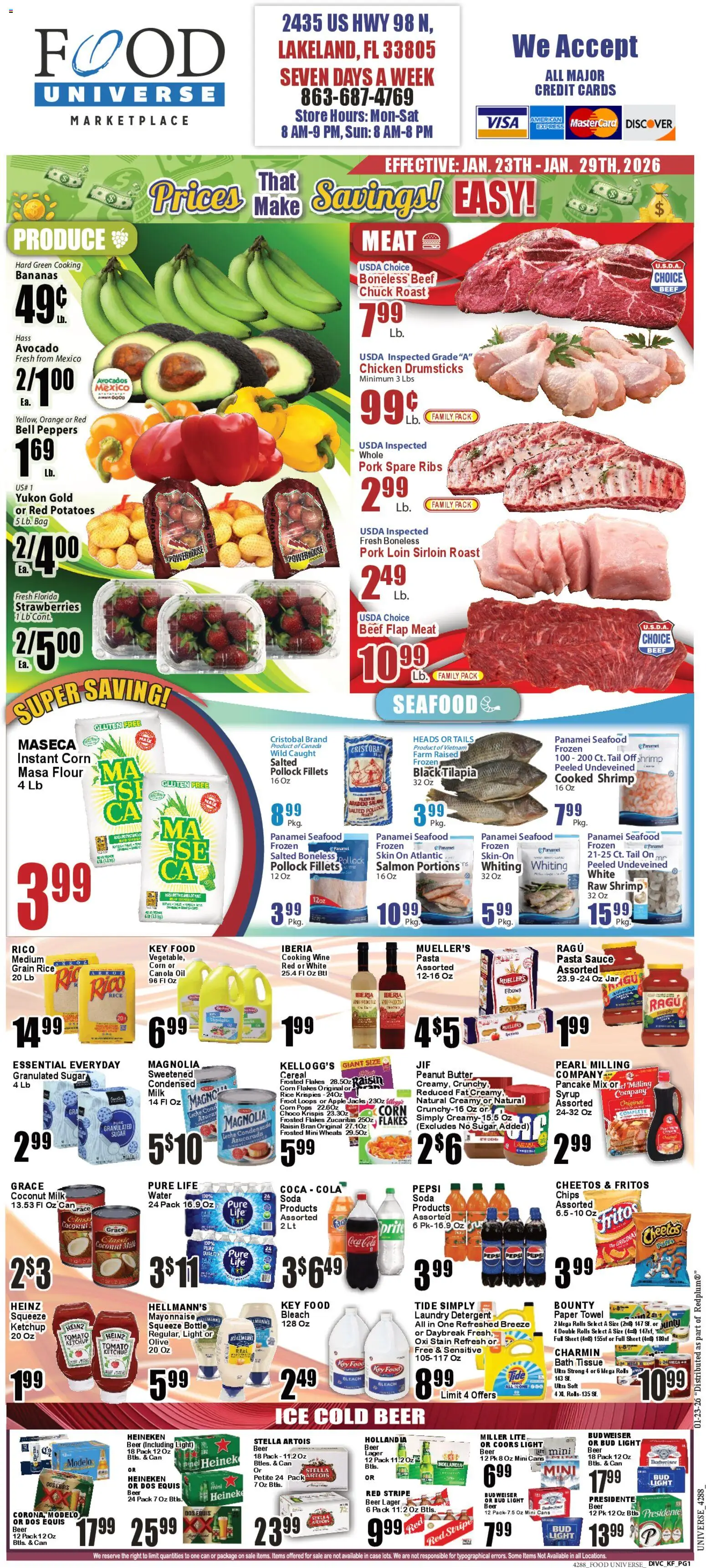 Food Universe Weekly Ad - valid from 23.01.2026 | Page: 1 | Products: Corn, Peppers, Beer, Pork