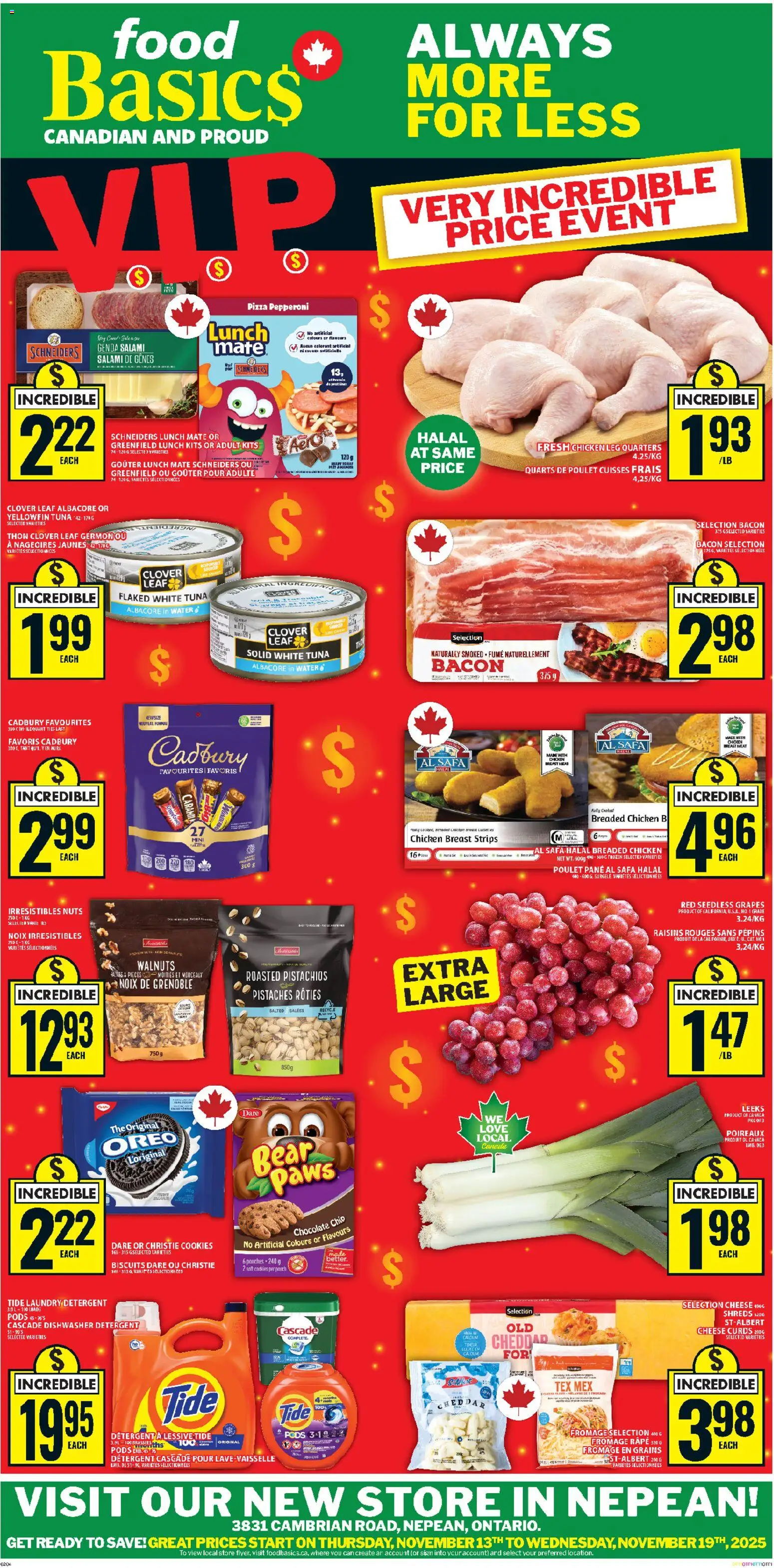 Food Basics flyer valid from 13.11.2025 | Page: 1 | Products: Cookies, Detergent, Pizza, Chicken