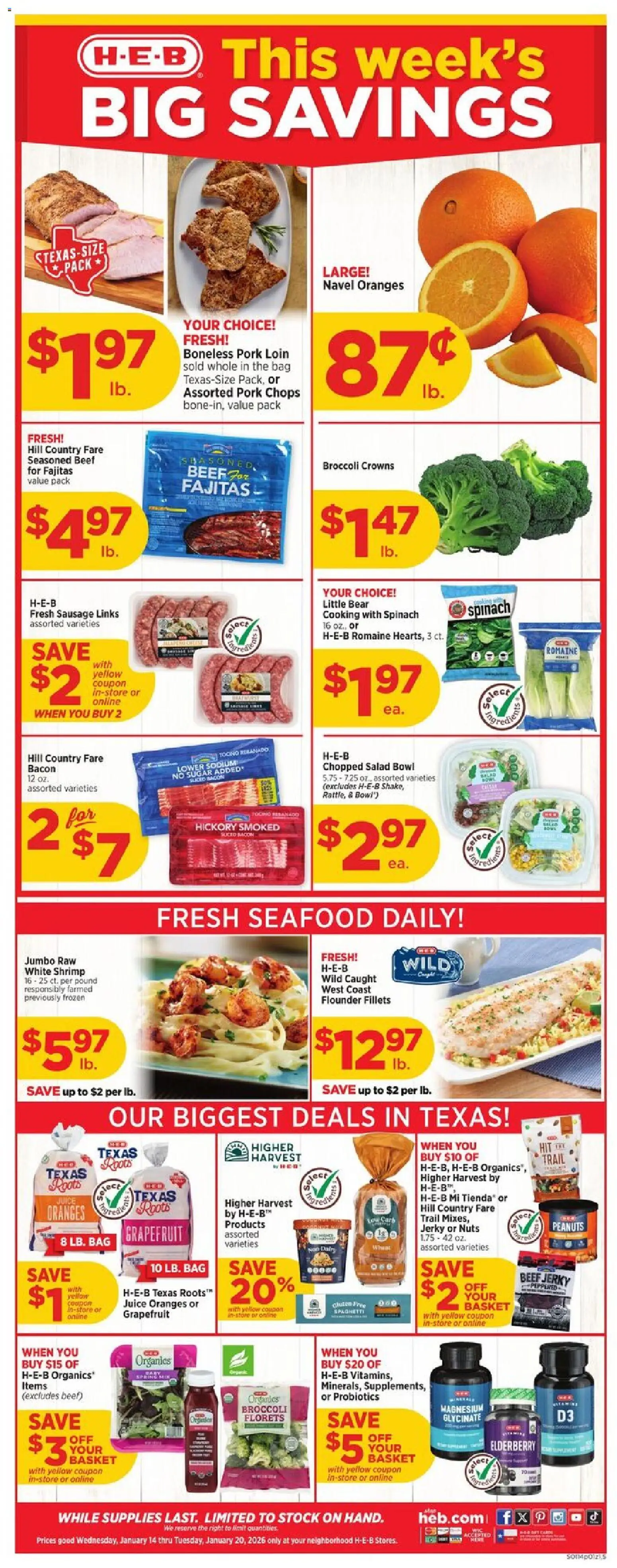 H-E-B Weekly Ad - valid from 14.01.2026 | Page: 1 | Products: Probiotics, Crowns, Salad, Sugar