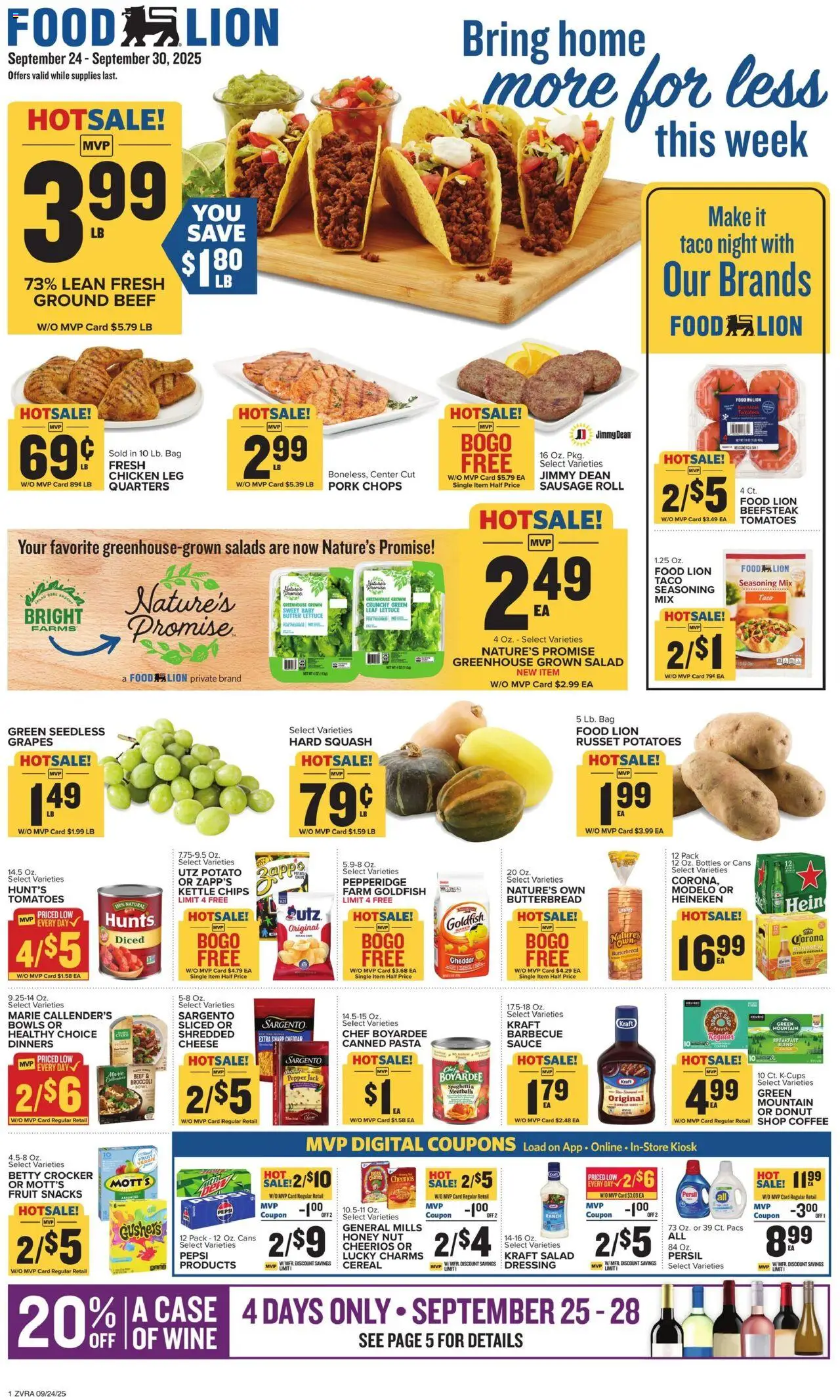 Food Lion Weekly Ad - valid from 24.09.2025 | Page: 1 | Products: Lettuce, Squash, Sausage, Bag