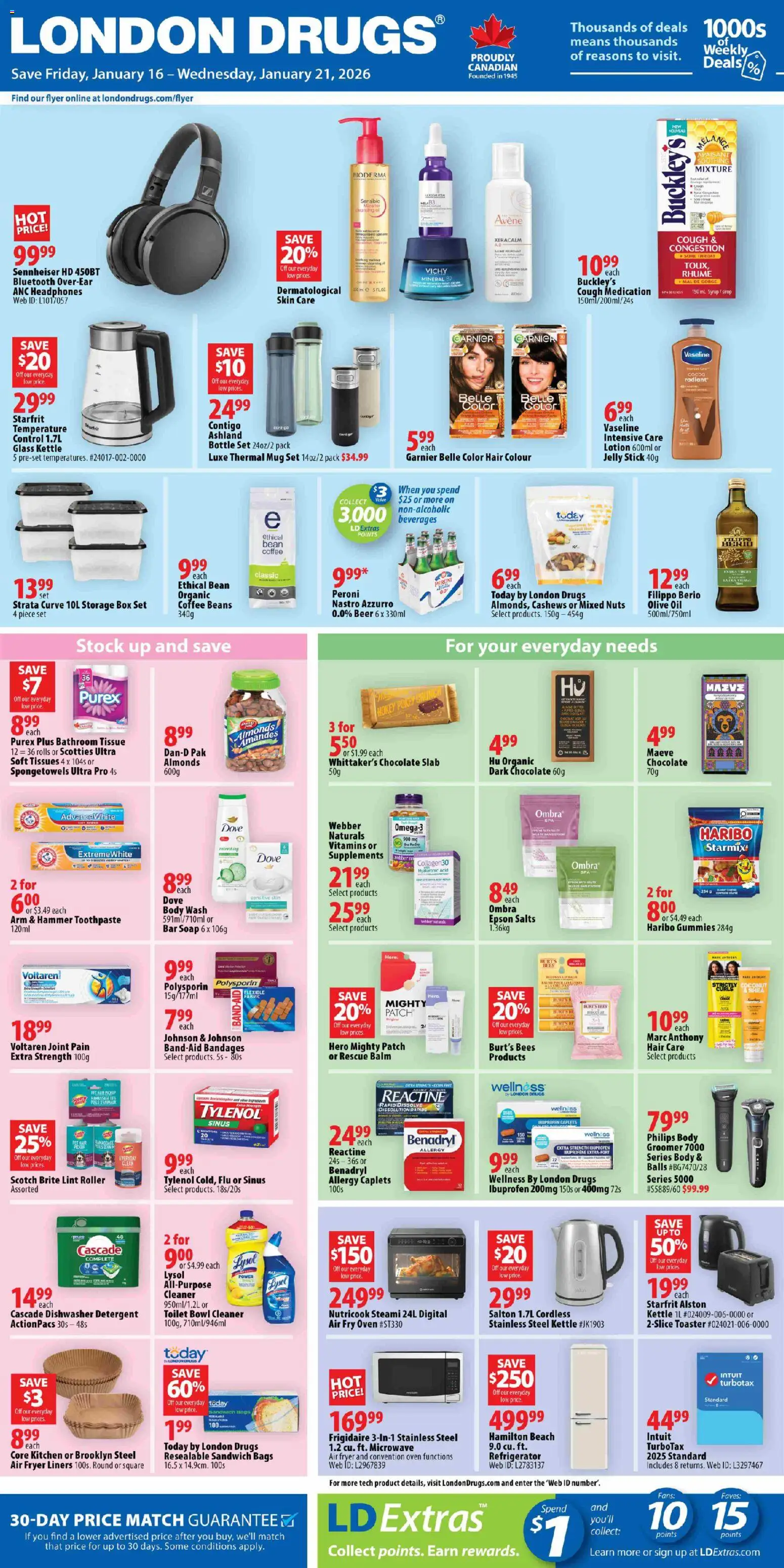 London Drugs flyer valid from 16.01.2026 | Page: 1 | Products: Body wash, Toothpaste, Box, Beer