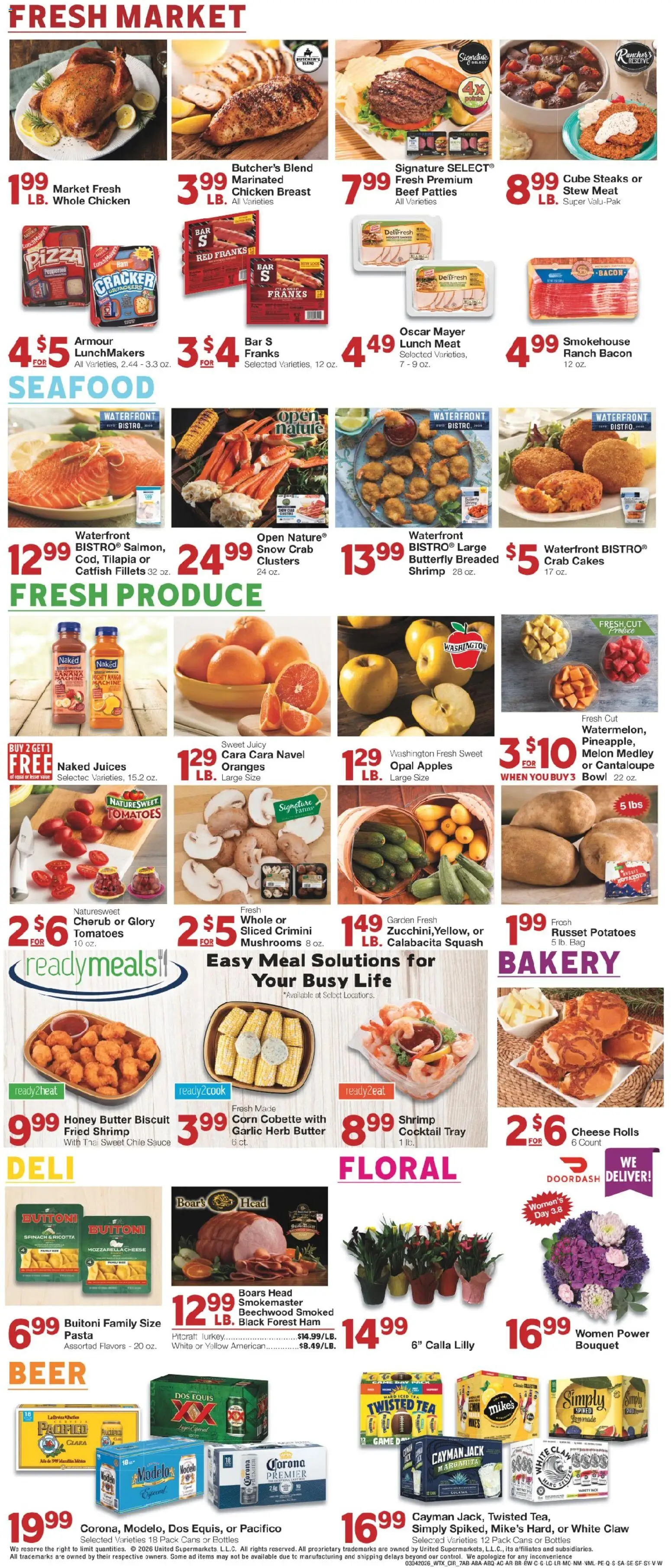 United Supermarkets Weekly Ad - valid from 04.03.2026 | Page: 7 | Products: Bakery, Ham, Potatoes, Seafood