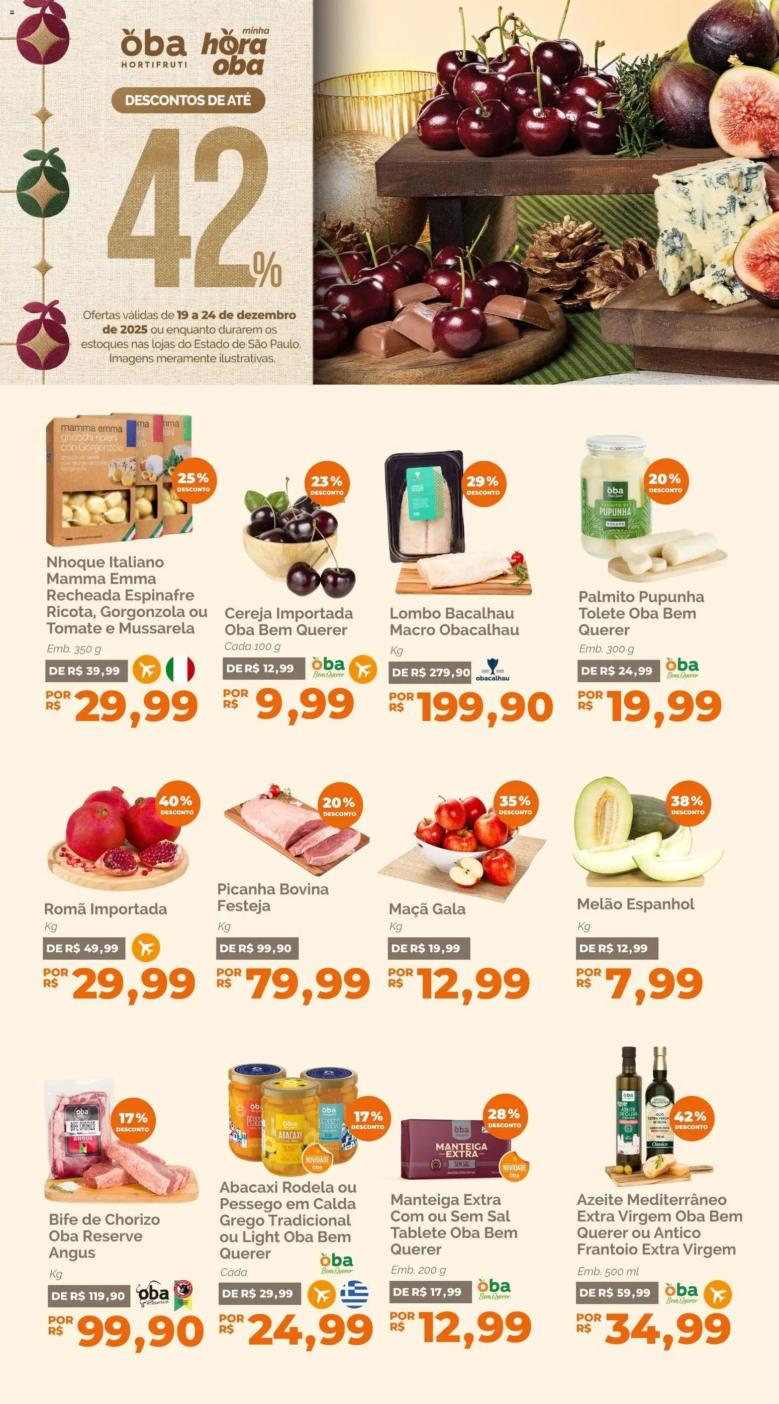 Oba Hortifruti Folheto - válido de 19.12.2025 | Página: 1 | Produtos: Melão, Palmito, Picanha, Sal