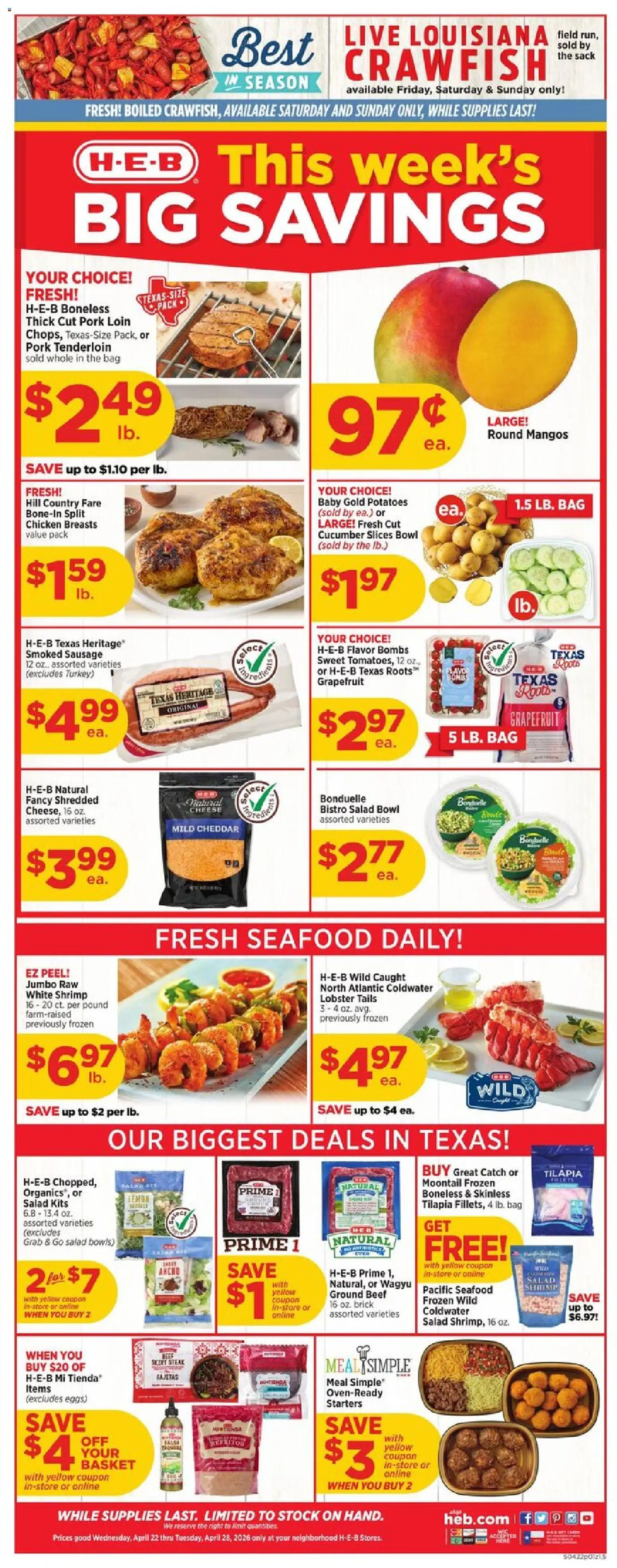 H-E-B Weekly Ad - valid from 22.04.2026 | Page: 1 | Products: Salad, Potatoes, Lemon, Bag