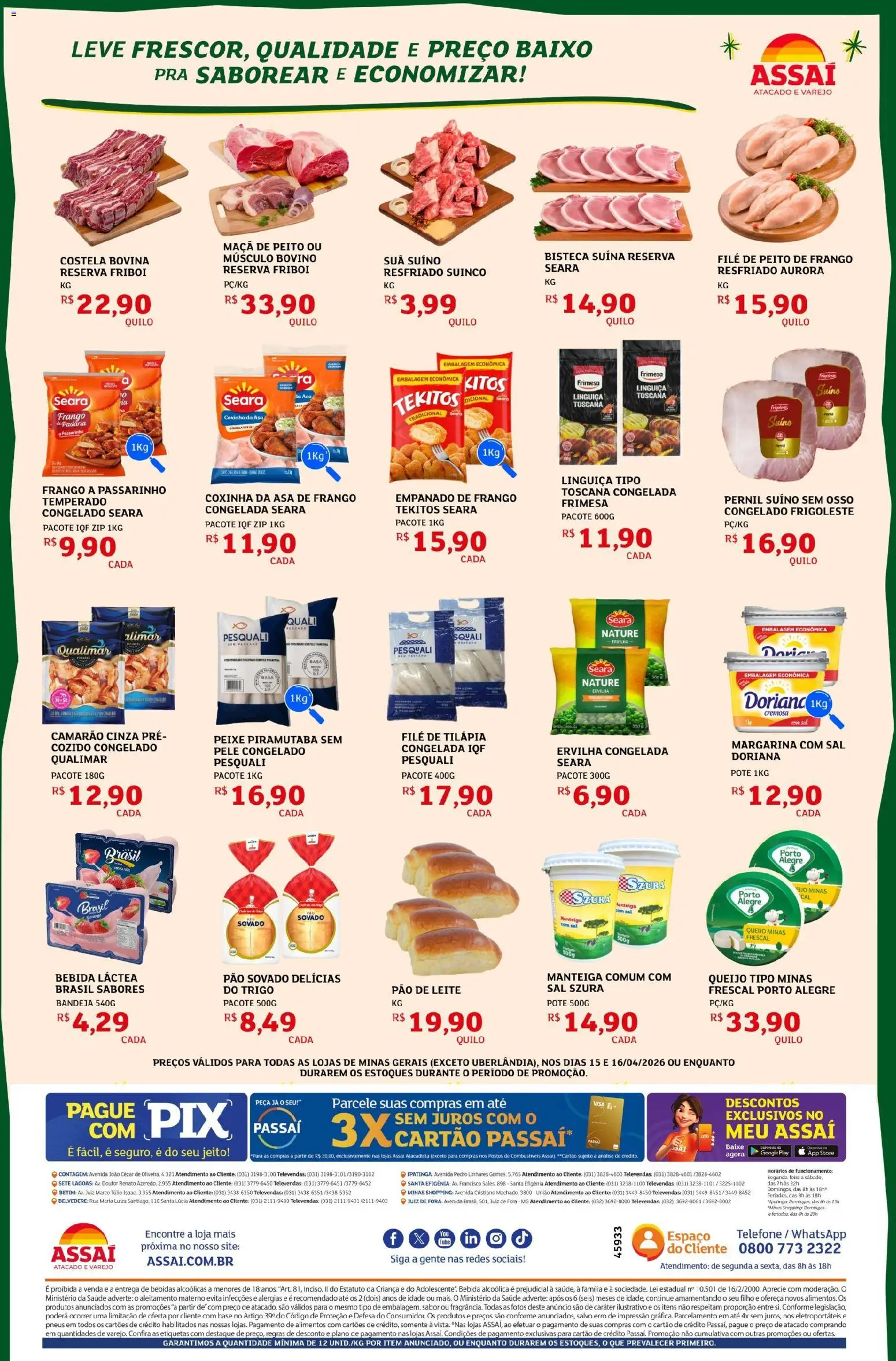 Assaí Atacadista Folheto - válido de 15.04.2026 | Página: 2 | Produtos: Doriana, Linguiça, Asa de frango, Bebida