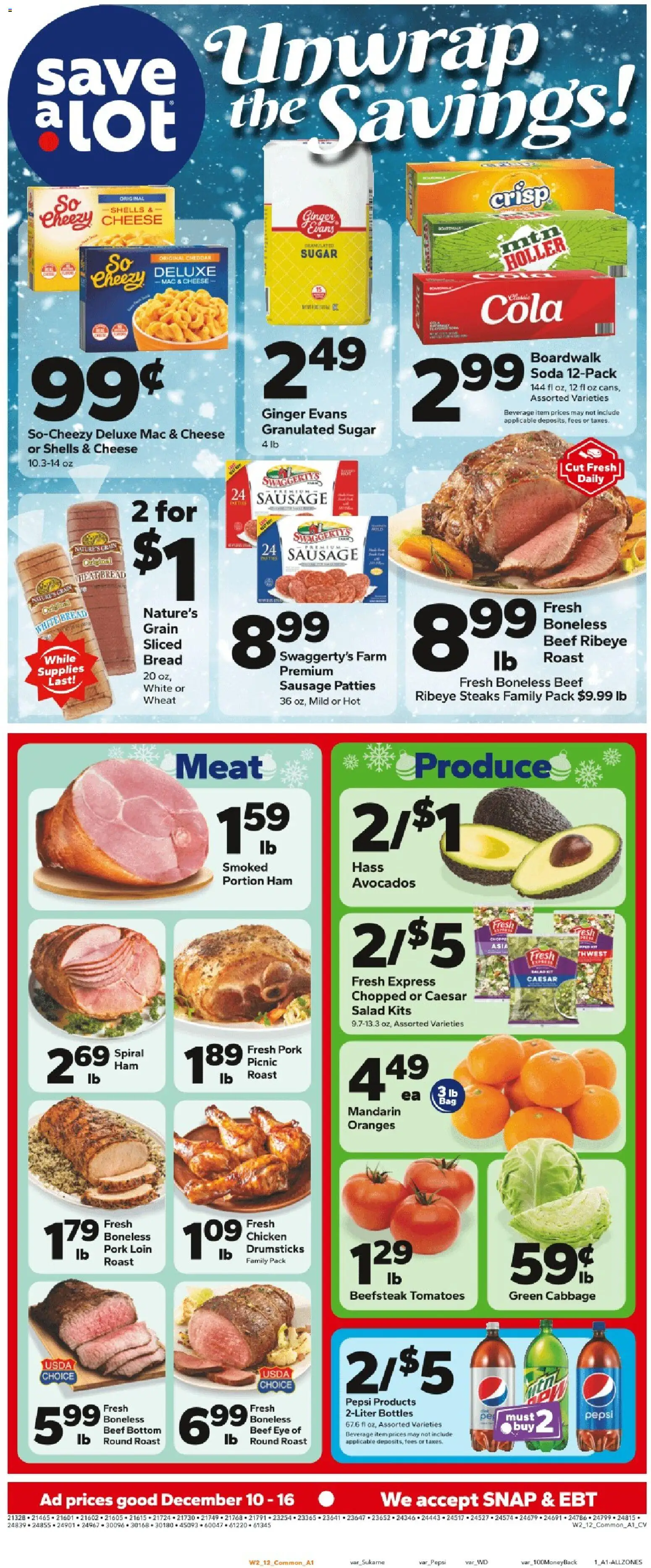 Save a Lot Weekly Ad - valid from 10.12.2025 | Page: 1 | Products: Pork, Oranges, Salad, Sausage