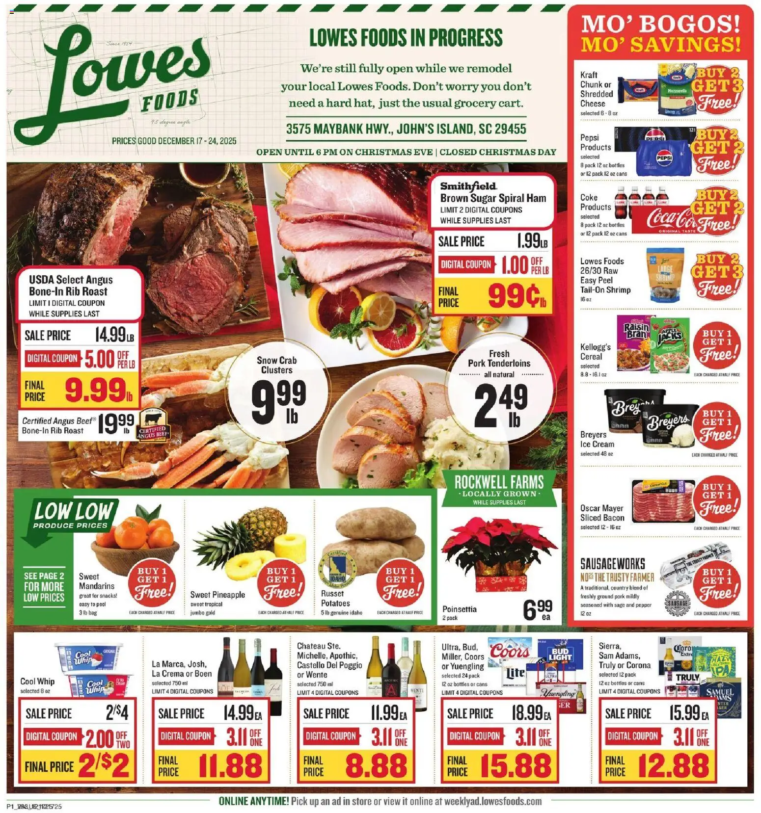 Lowes Foods Weekly Ad - SC - valid from 17.12.2025 | Page: 1 | Products: Mandarins, Cheese, Ham, Potatoes