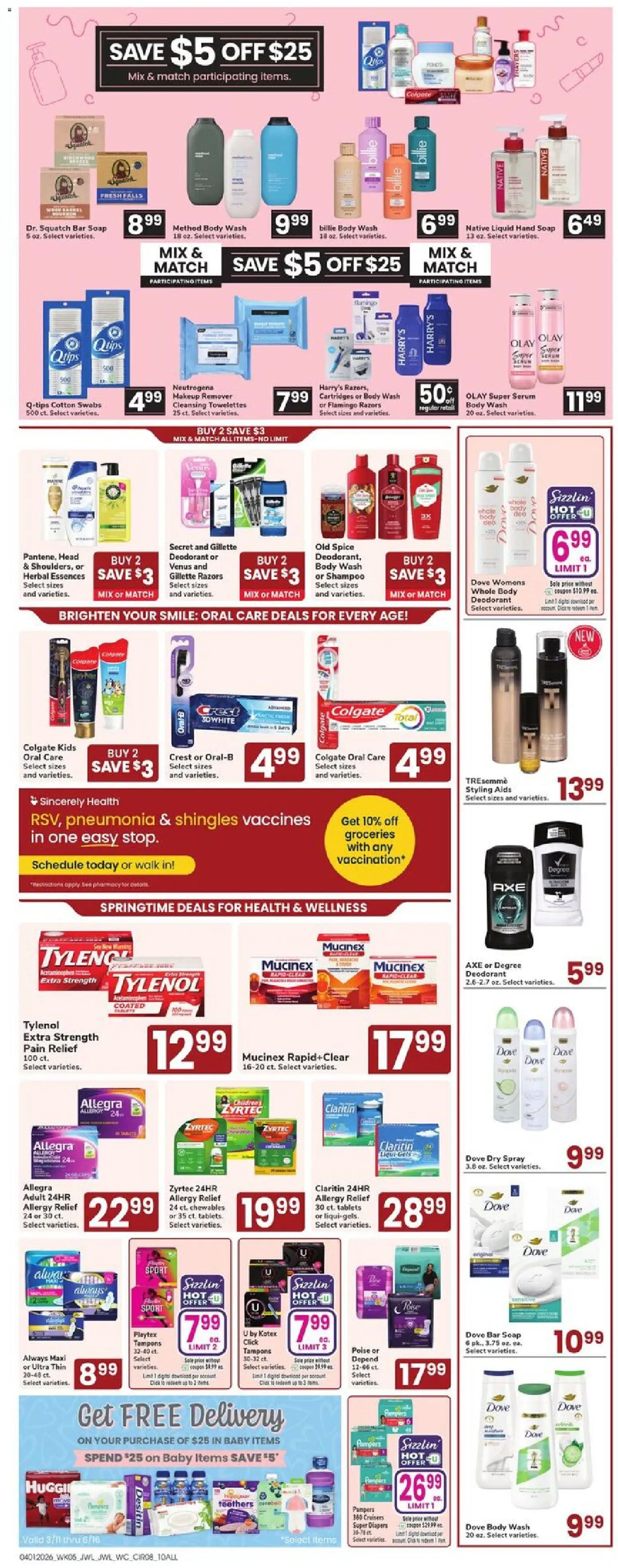 Jewel Osco Weekly Ad - valid from 01.04.2026 | Page: 8 | Products: Makeup Remover, Shampoo, Tampons, Bar Soap