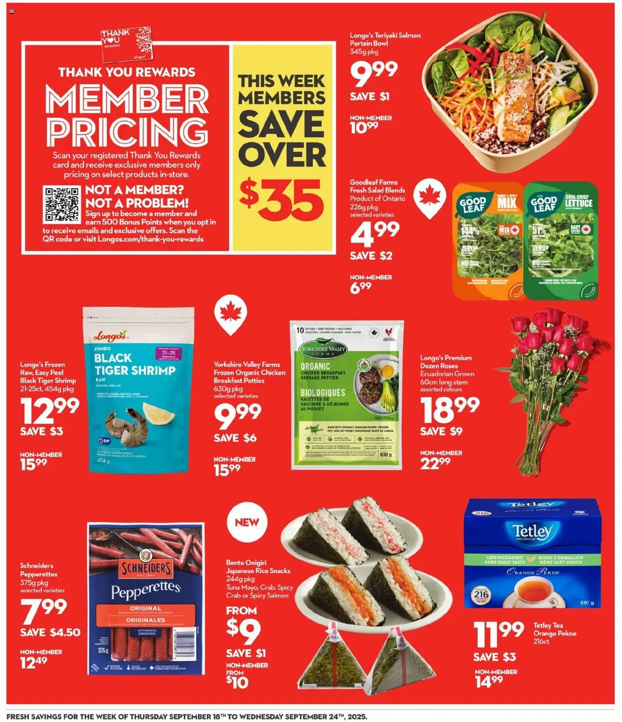 Longo's flyer valid from 18.09.2025 | Page: 13 | Products: Rice, Tea, Salad, Chicken