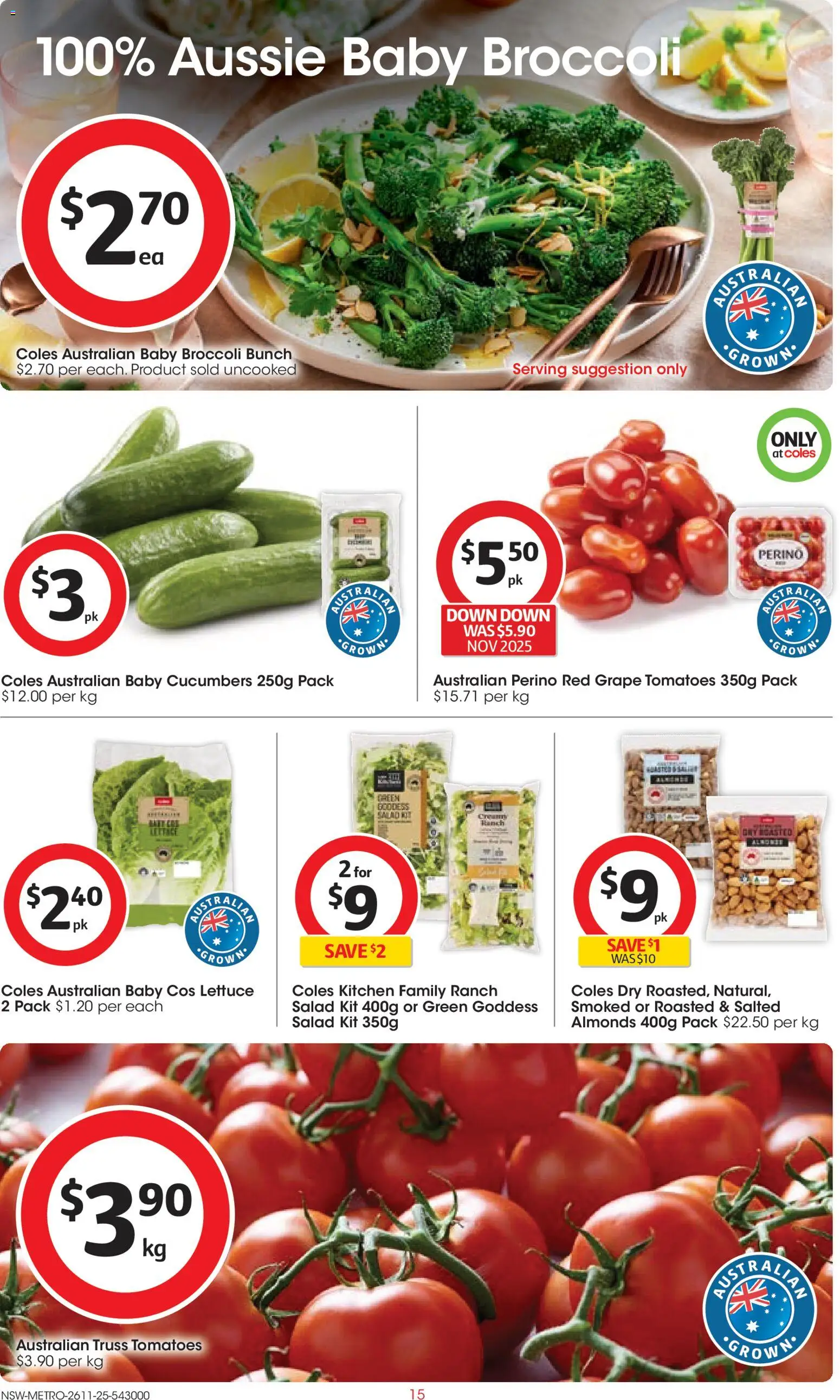 Coles catalogue - valid from 26.11.2025 | Page: 15 | Products: Lettuce, Tomatoes, Cucumbers, Salad