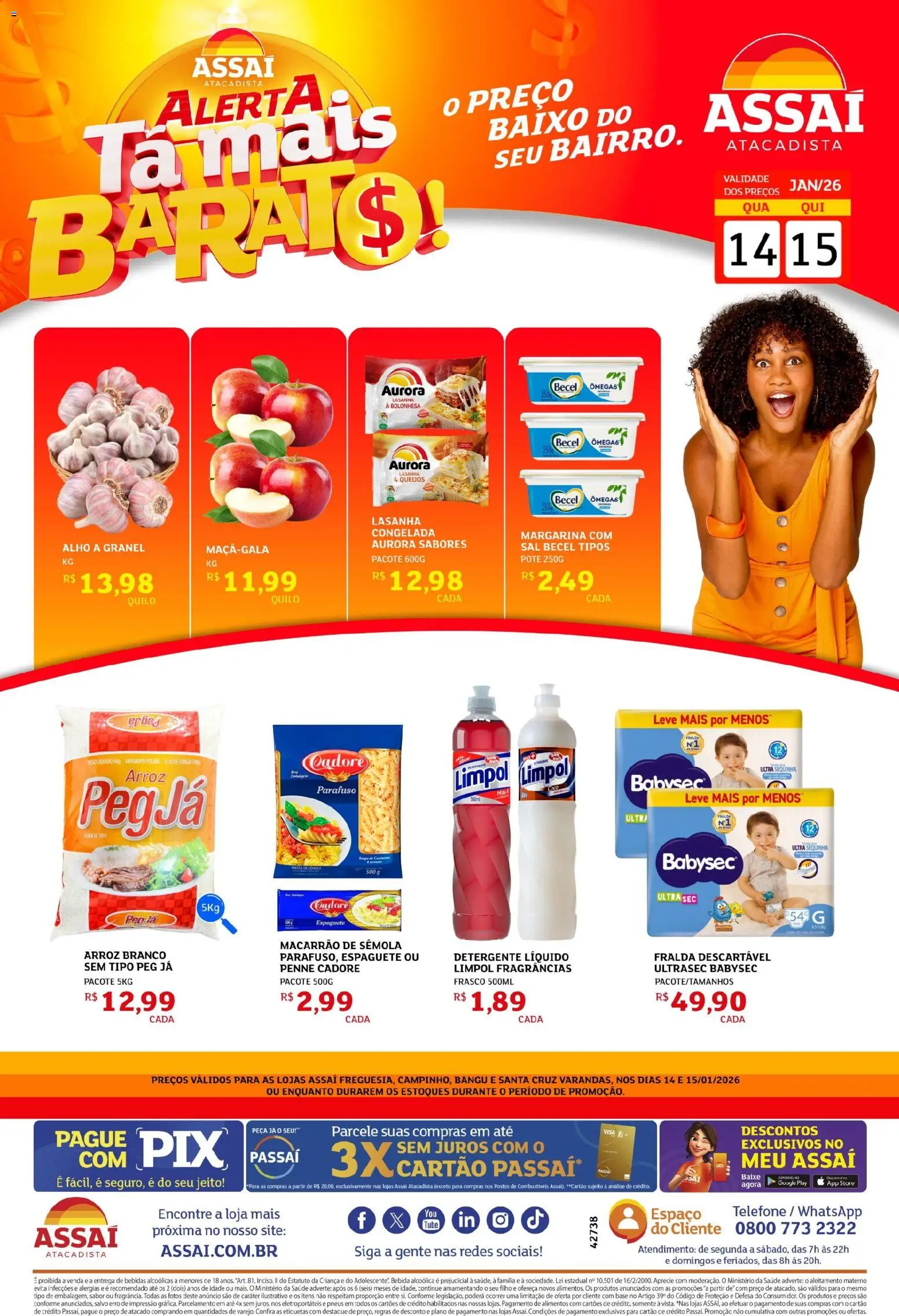 Assaí Atacadista Folheto - válido de 14.01.2026 | Página: 1 | Produtos: Espaguete, Lasanha, Telefone, Margarina