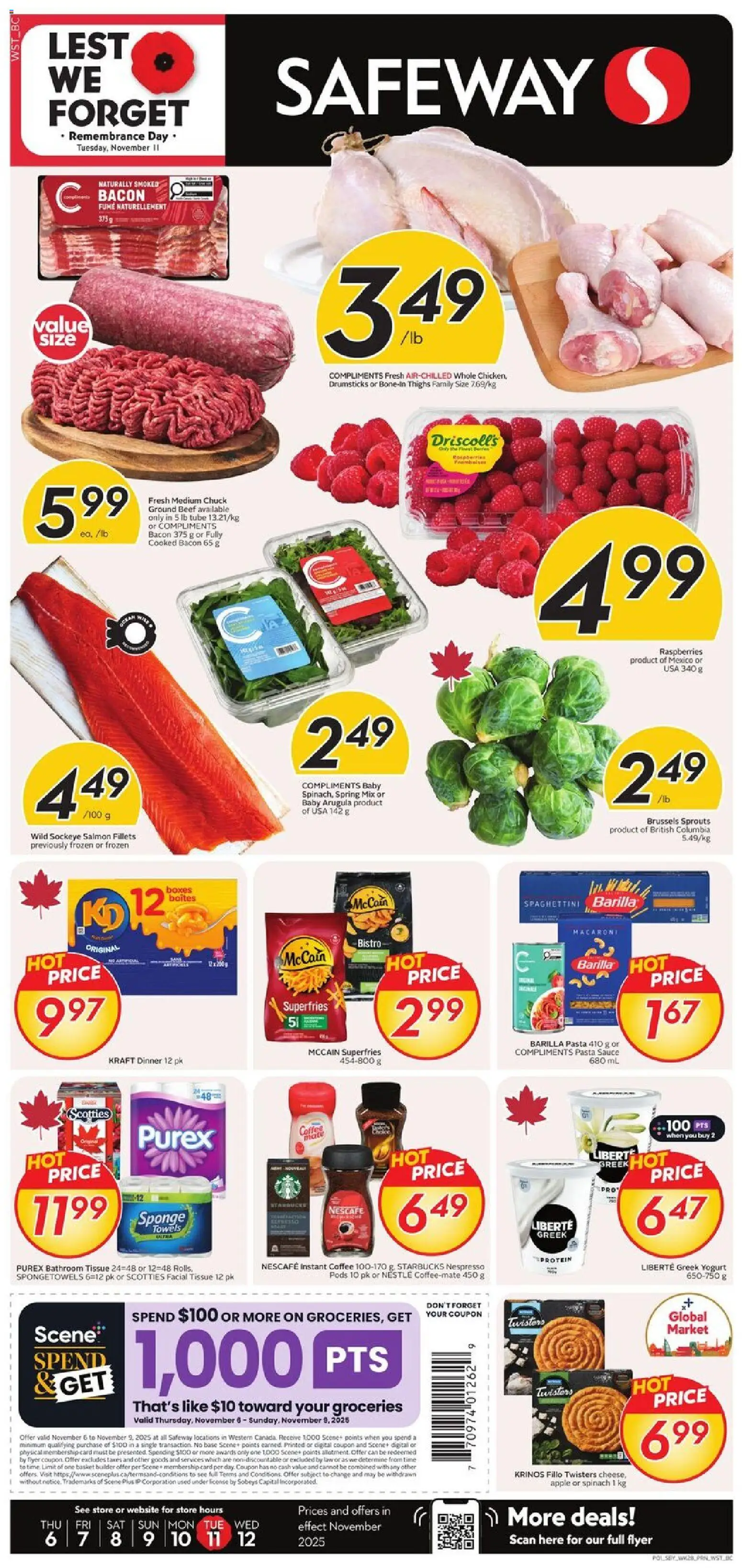 Safeway flyer valid from 06.11.2025 | Page: 1 | Products: Pasta, Sponge, Basket, Coffee