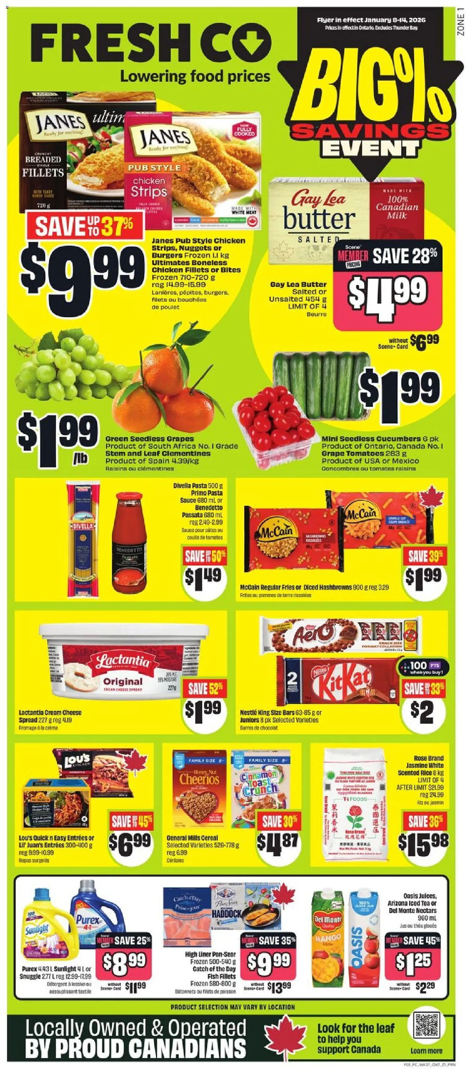FreshCo flyer valid from 08.01.2026 | Page: 1 | Products: Rice, Fish, Detergent, Butter