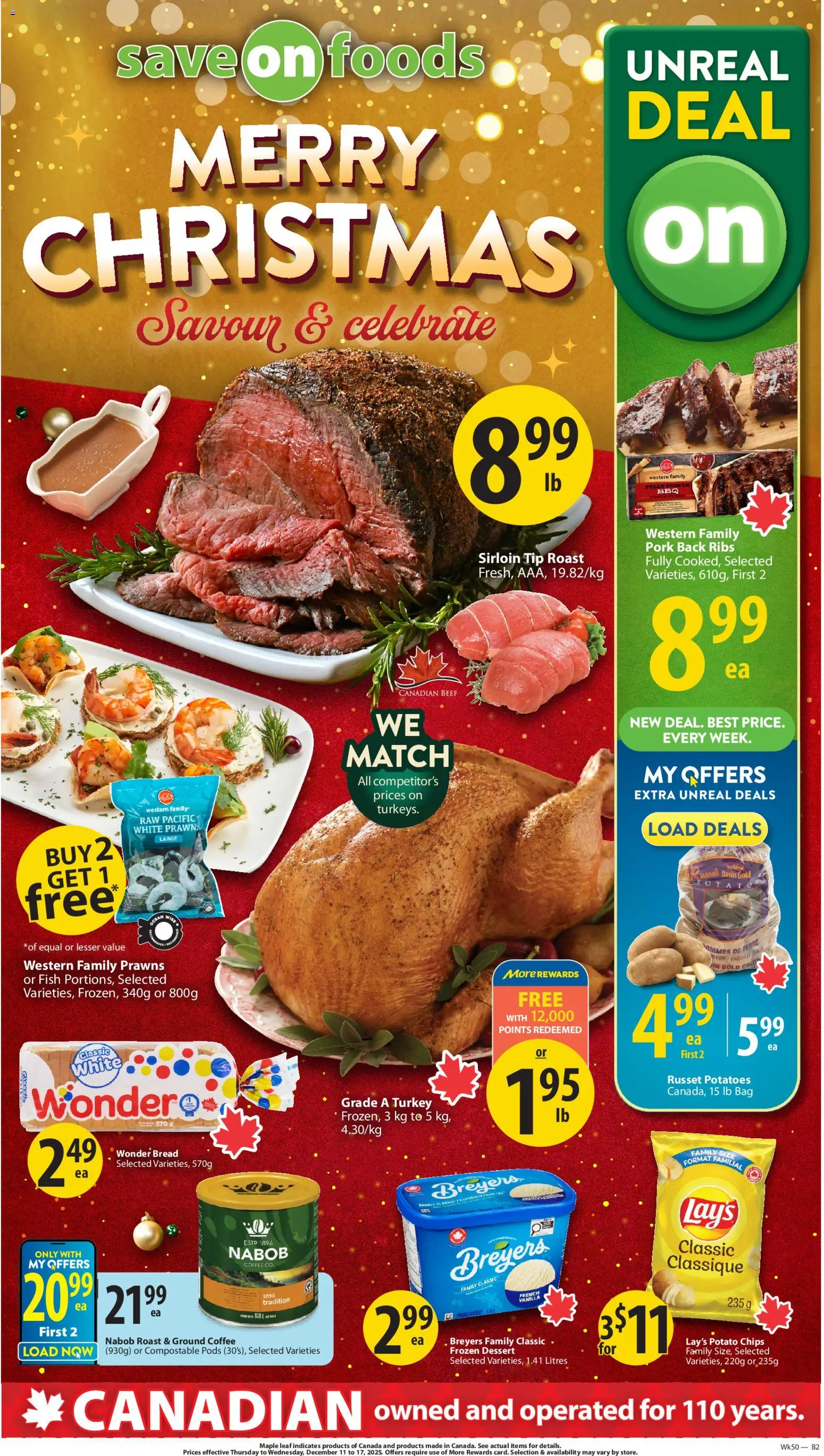 Save on foods flyer valid from 11.12.2025 | Page: 1 | Products: Beef, Chips, Bag, Bread