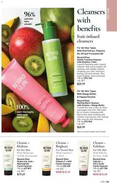 Preview of Beyond Glow Gentle Foaming Cleanser with Vitamins + Kiwi, A gentle foaming water-based cleanser that easily washes off makeup and residue without stripping your skin, leaving it feeling soft and smooth. Skin looks brighter and revitalized. 150 ml from shop Avon valid from 18.12.2025 | Page: 65 | Products: Kiwi, Milk, Butter, Oil