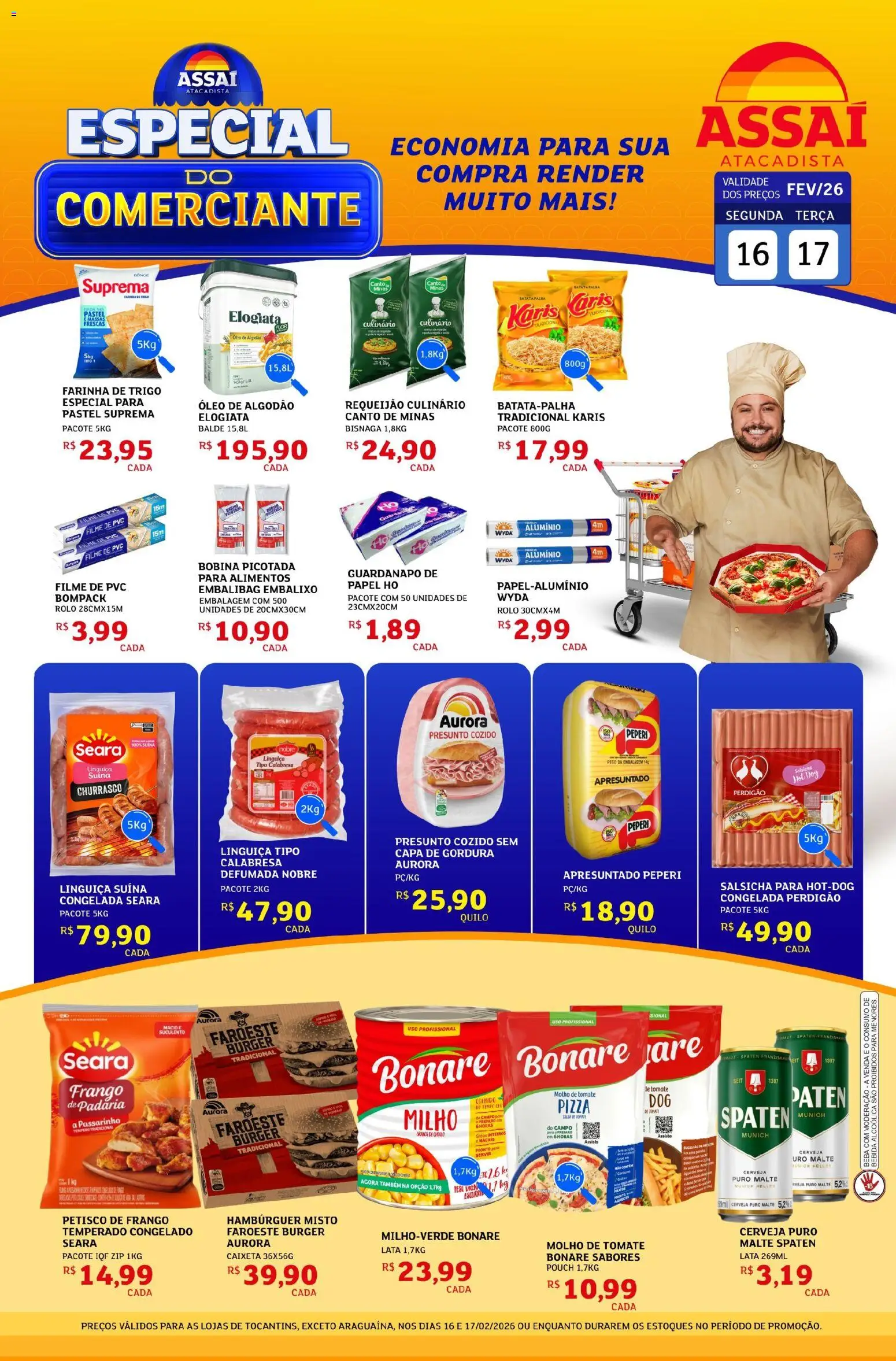 Assaí Atacadista Folheto - válido de 16.02.2026 | Página: 1 | Produtos: Salsicha, Linguiça, Presunto, Cerveja