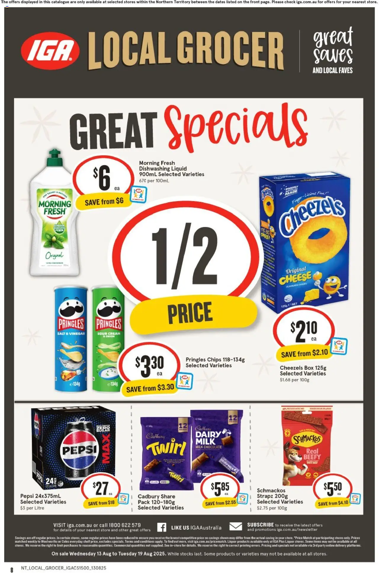 IGA catalogue - valid from 13.08.2025 | Page: 8 | Products: Shelf, Beef, Pepsi, Chips