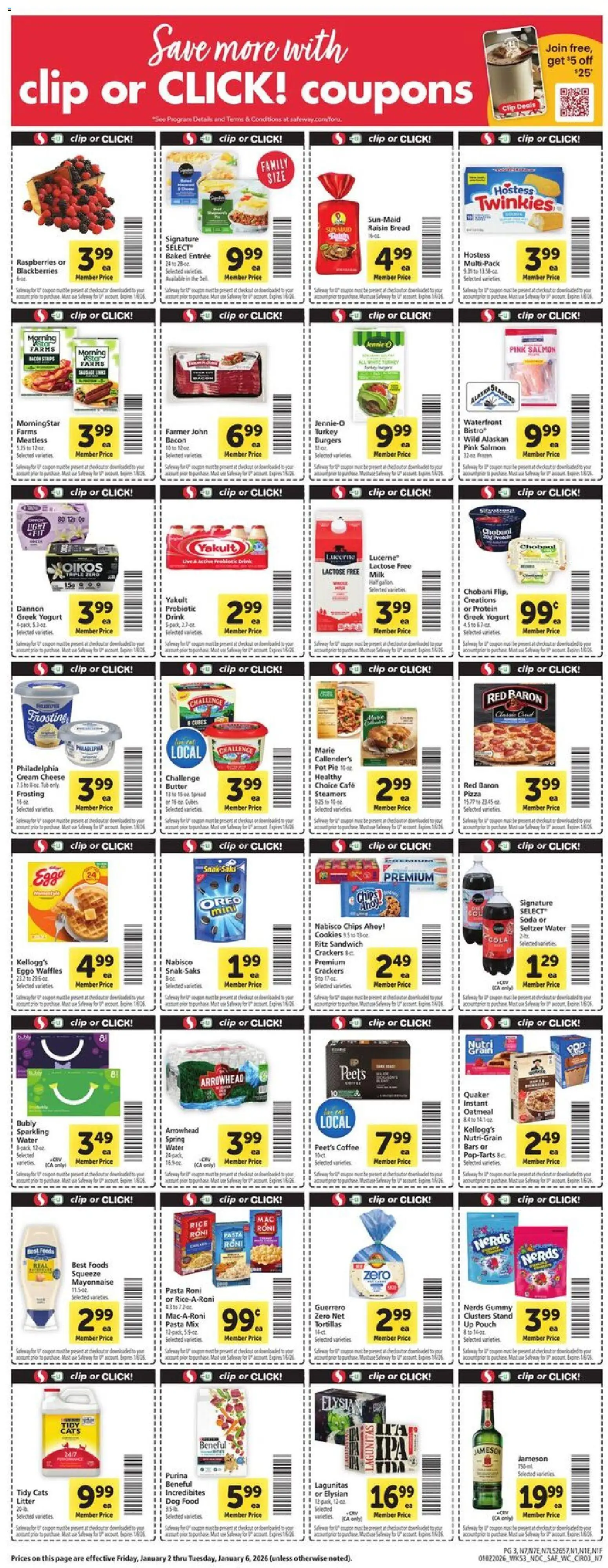 Safeway Weekly Ad - valid from 02.01.2026 | Page: 3 | Products: Dog Food, Coffee, Cookies, Water