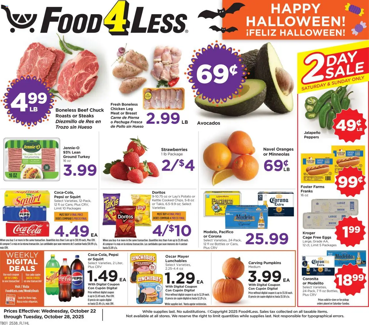 Food 4 Less Weekly Ad - valid from 22.10.2025 | Page: 1 | Products: Peppers, Eggs, Strawberries, Kettle