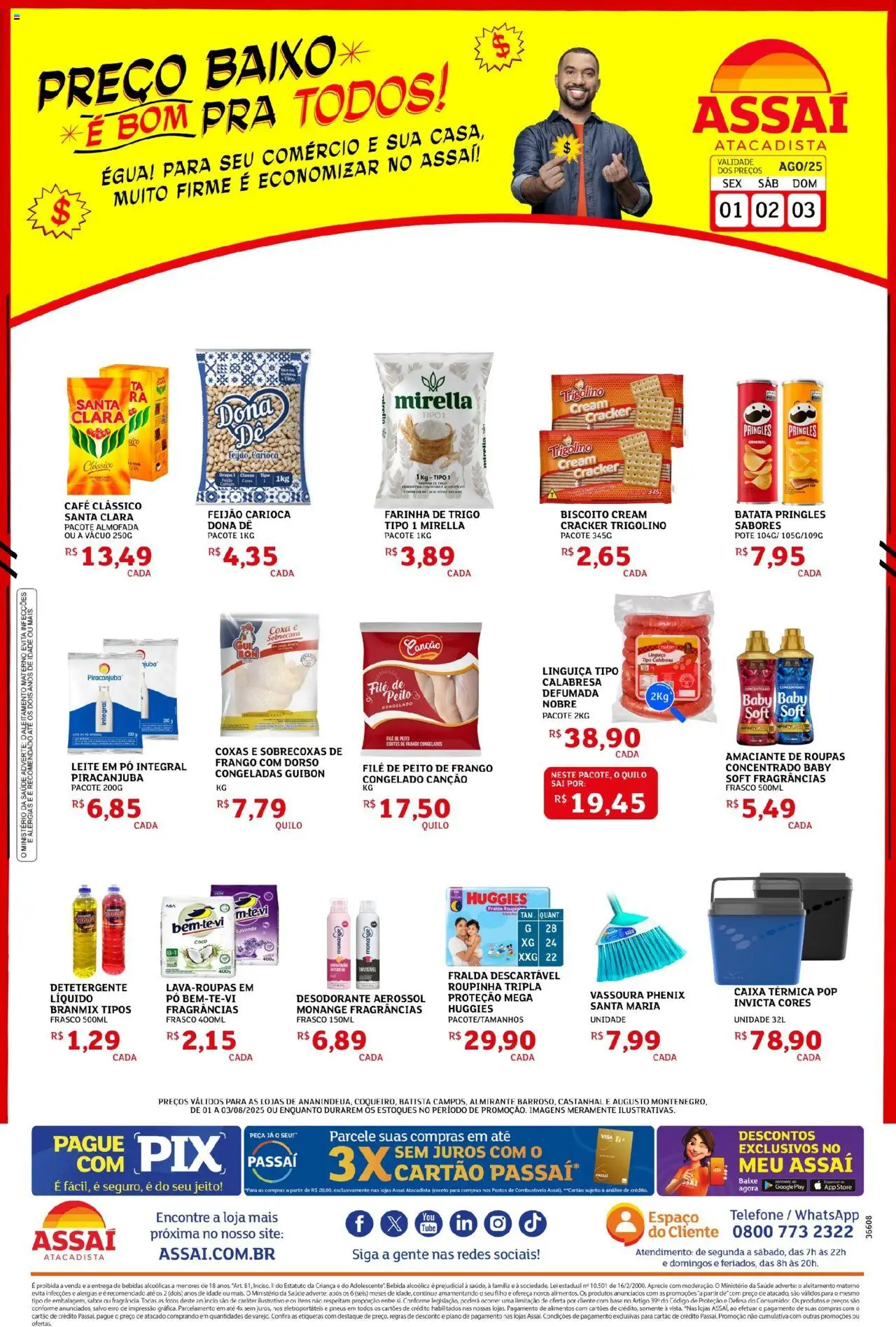 Assaí Atacadista Folheto - válido de 01.08.2025 | Página: 1 | Produtos: Pó, Farinha de trigo, Almofada, Telefone