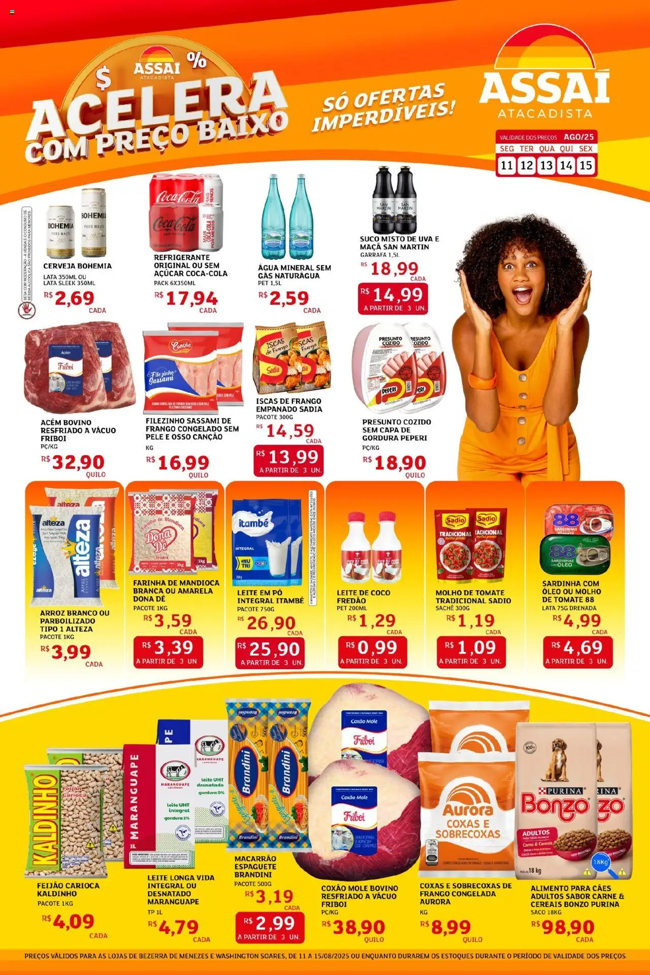 Assaí Atacadista Folheto - válido de 11.08.2025 | Página: 1 | Produtos: Acém, Presunto, Baixo, Bebida