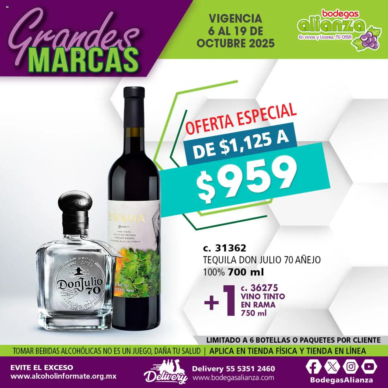 Nuevas ofertas de Bodegas Alianza válidas en toda la República Mexicana desde el 06.10.2025. ¡Encuentra las mejores ofertas en Bodegas Alianza - Catálogo Grandes Marcas! | Página: 1 | Productos: Tequila, Vino