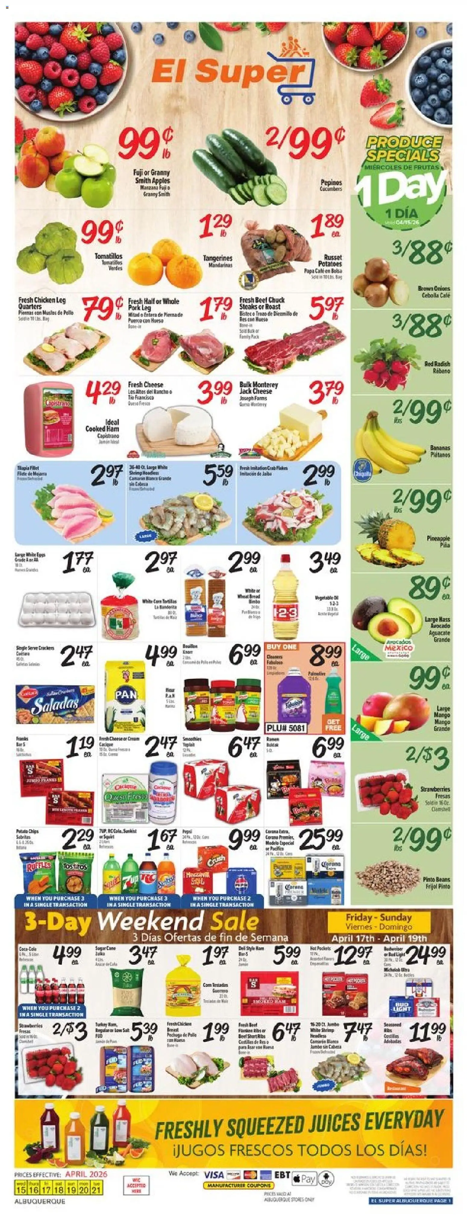 El Super Weekly Ad - NM - valid from 15.04.2026 | Page: 1 | Products: Pork, Beef, Chips, Avocado