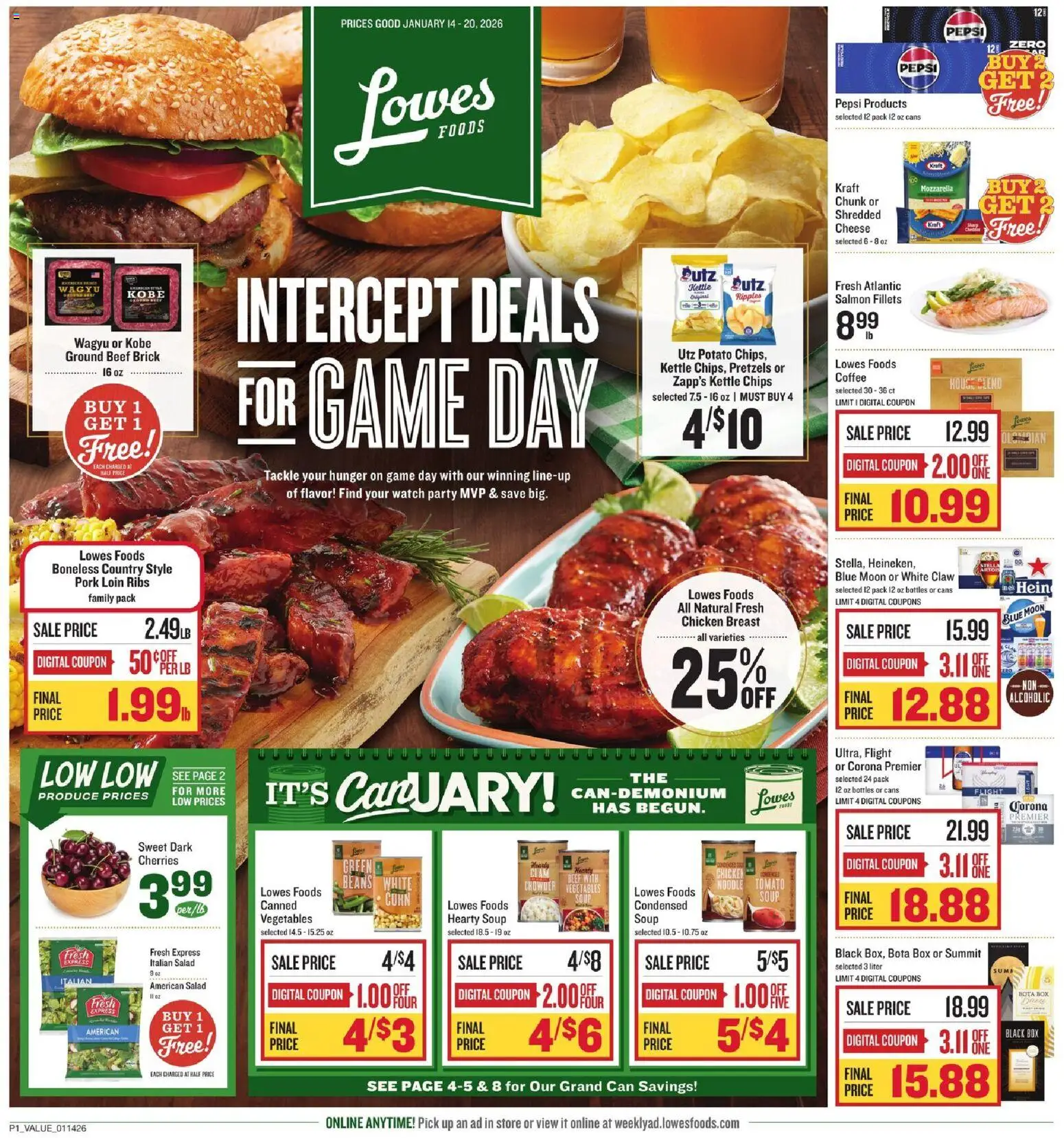 Lowes Foods Weekly Ad - valid from 14.01.2026 | Page: 1 | Products: Cherries, Cheese, Jeans, Kettle