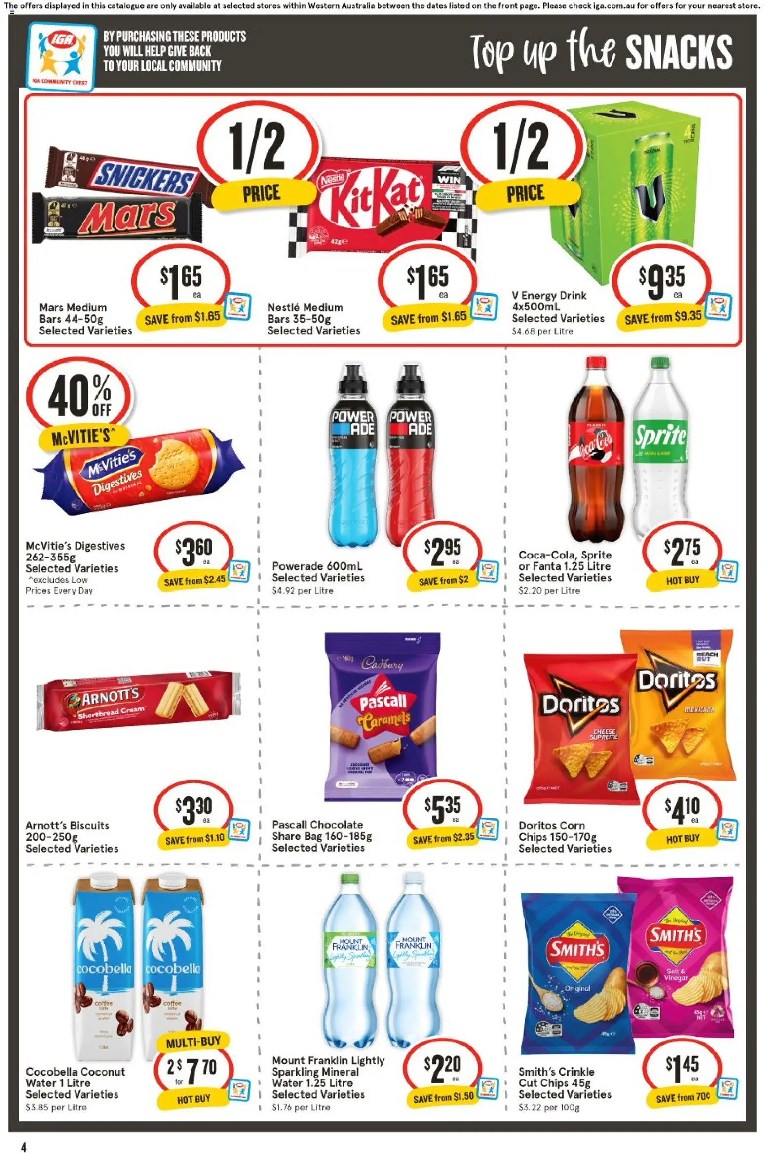 IGA catalogue - valid from 11.03.2026 | Page: 4 | Products: Energy drink, Chocolate, Biscuits, Bag