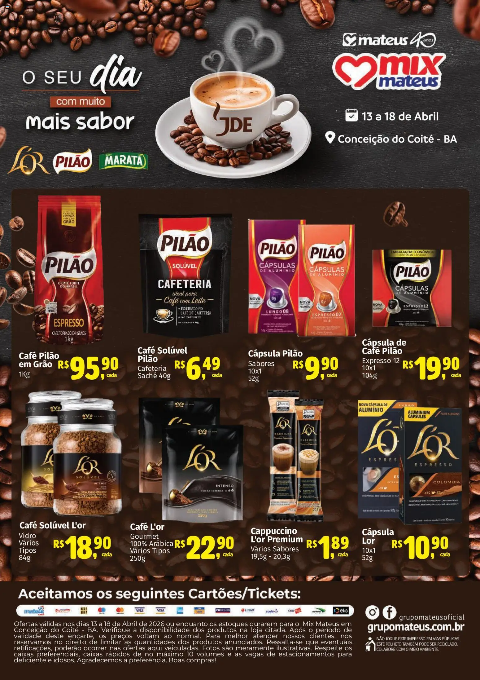 Mateus Folheto - válido de 13.04.2026 | Página: 1 | Produtos: Leite, Café, Café pilão, Café solúvel