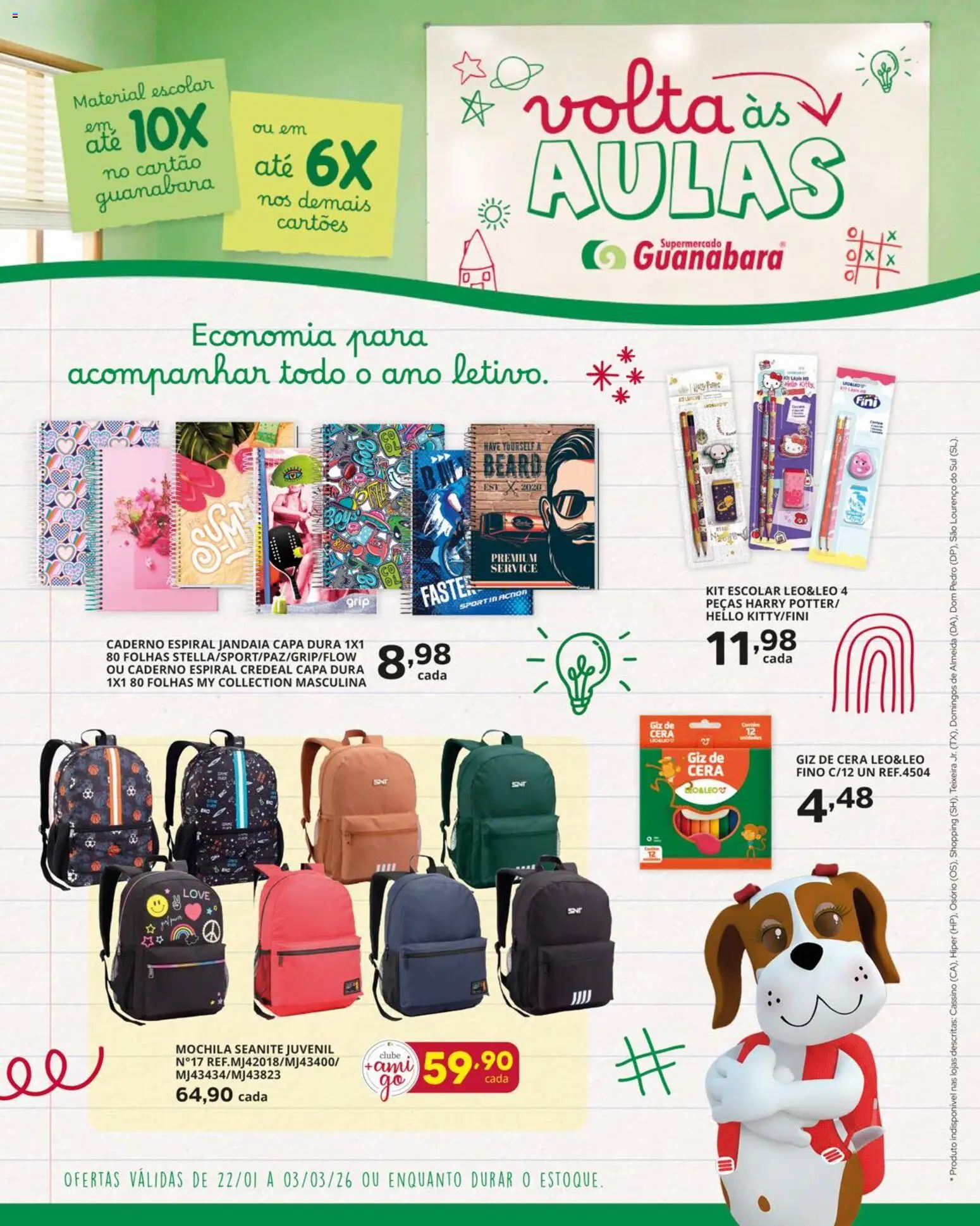 Supermercado Guanabara Folheto - válido de 22.01.2026 | Página: 1 | Produtos: Giz de cera, Cera, Mochila, Caderno
