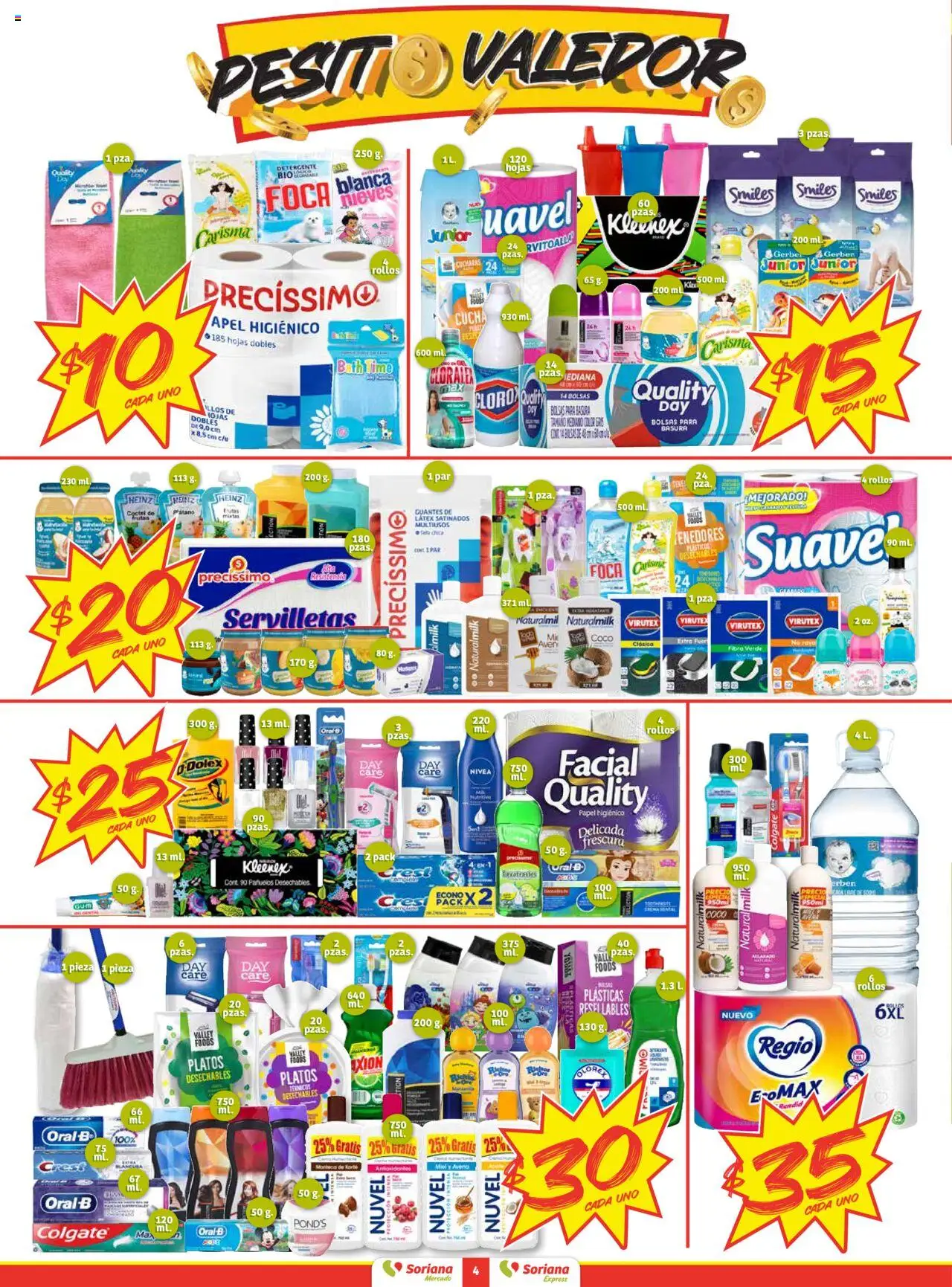 Nuevas ofertas de Soriana válidas en toda la República Mexicana desde el 16.10.2025. ¡Encuentra las mejores ofertas en Soriana - Pesito Valedor Mercado: Chih, Coah, Dur, NL, SLP, Tamps, Zac! | Página: 4 | Productos: Detergente, Guantes, Avena, Servilletas